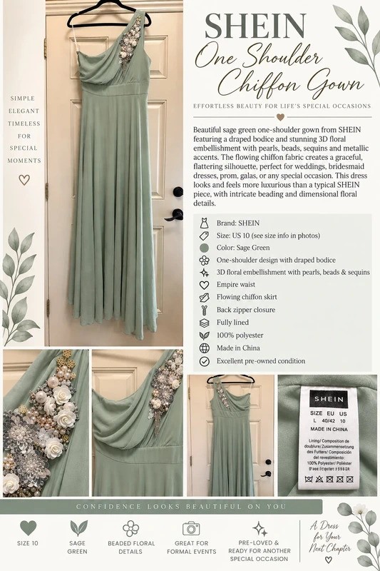 Shein Sage Green One Shoulder Chiffon Floral Beaded Formal Gown Size 10