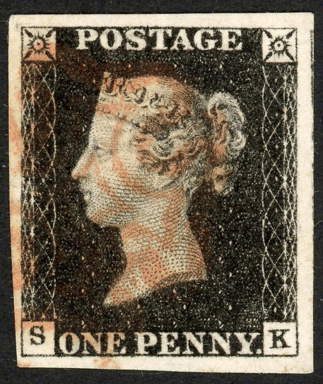 SG2 1840 1d black, plate 4, SK, has 4 large margins and fine red Maltese Cross