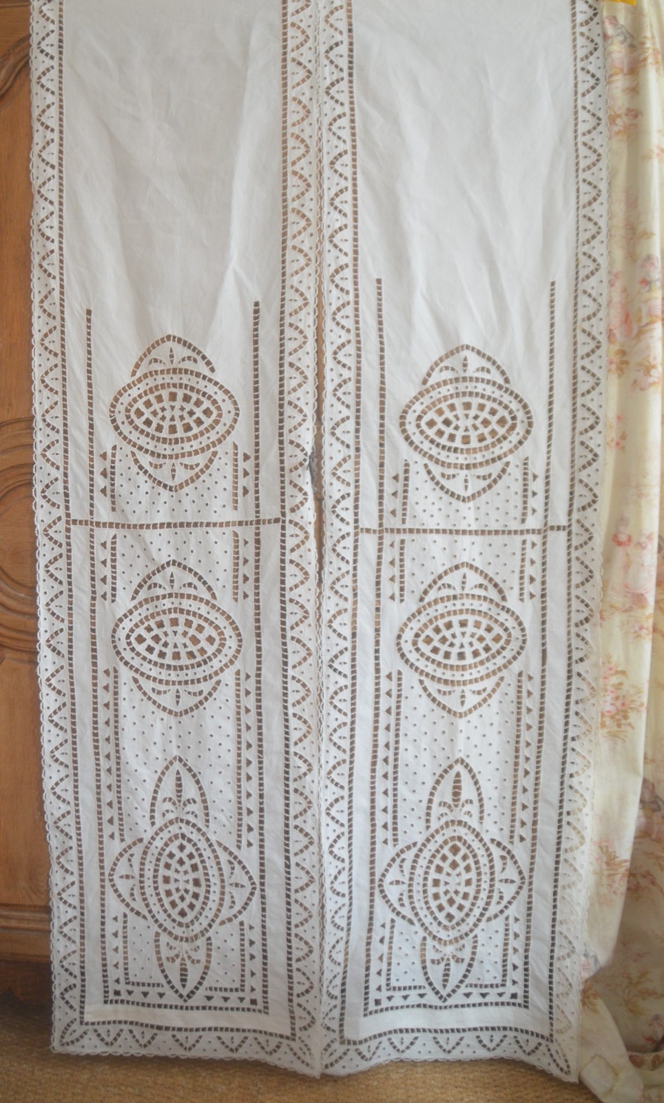 Pair of antique French Richelieu hand embroidered Art Nouveau blinds Pair of antique French Richelieu hand embroidered Art Nouveau blinds