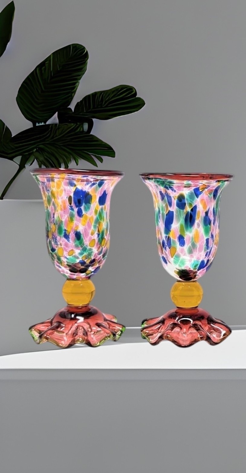 Mackenzie Childs Molten Confetti.Glasses Set Of 2 Goblets New
