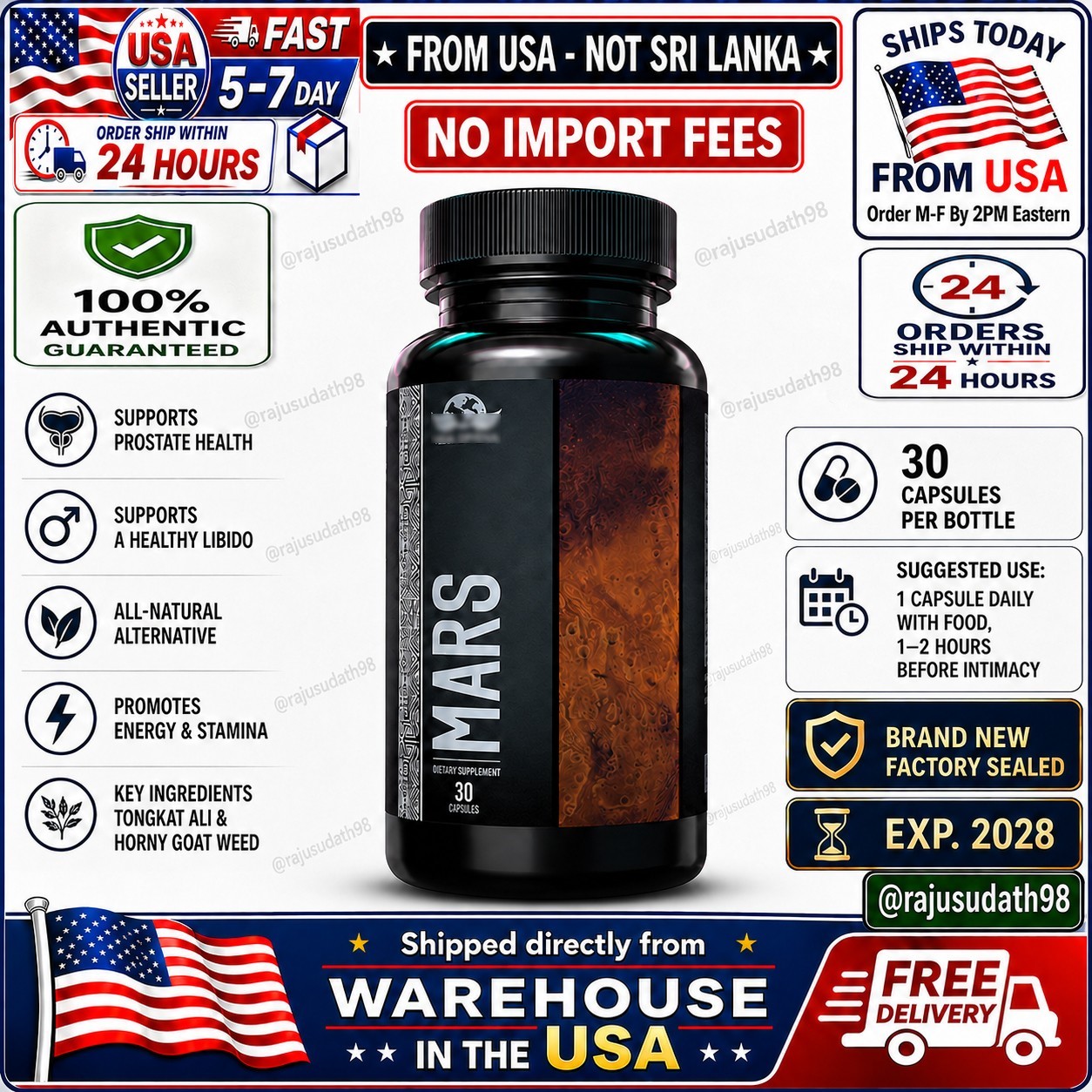 Mars Men\'s Vitality Supplement TongkatAli Horny Goat Weed 30 Tablets 🚚FromUSA🚚