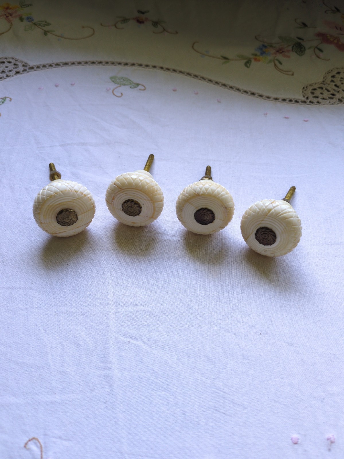 Vintage Two\'s Company Faux Ivory Bone, Brass Carved Cabinet Knobs, Set Of 4