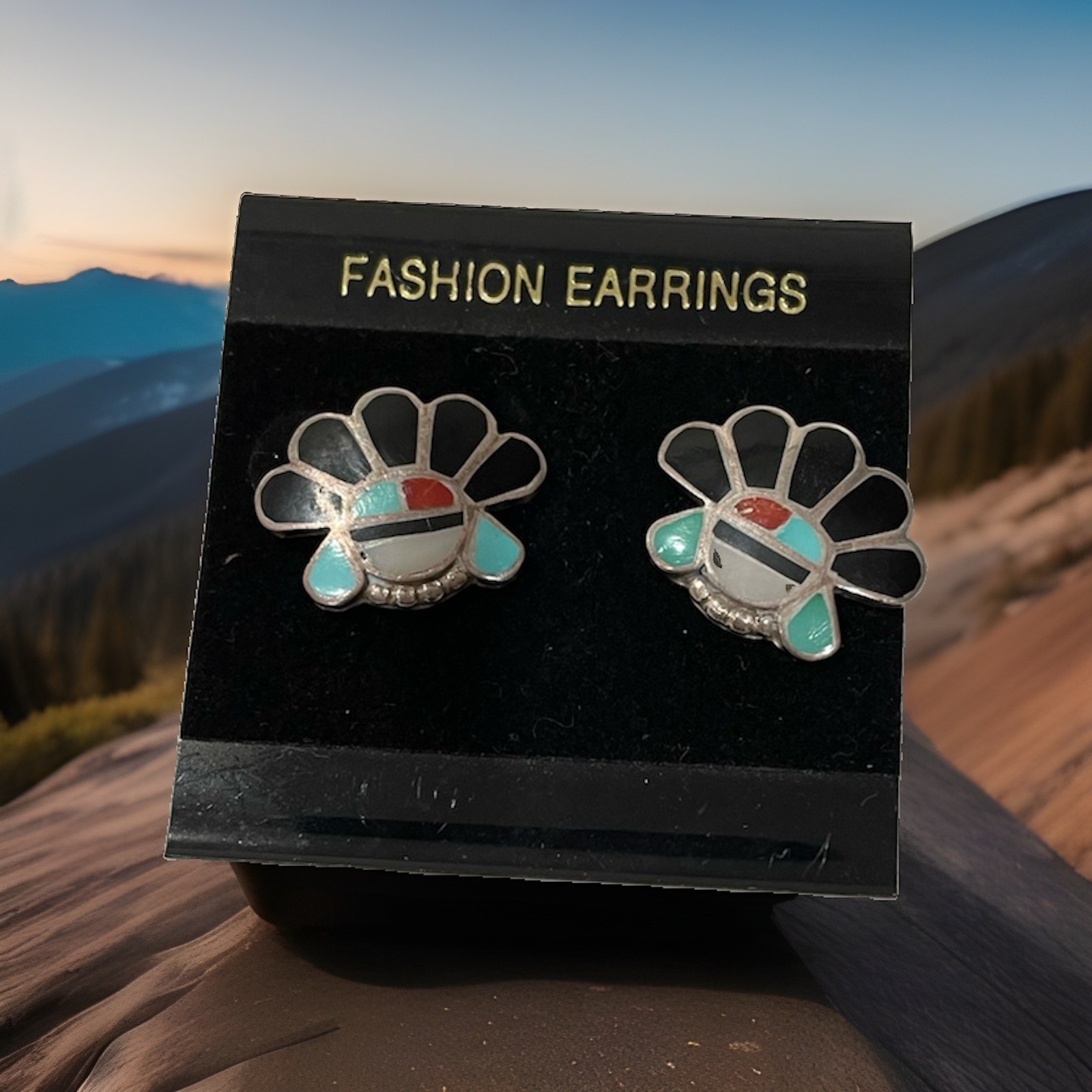 Vintage Zuni Sunface Inlay Earrings Sterling Silver Turquoise Coral Jet 6.8g