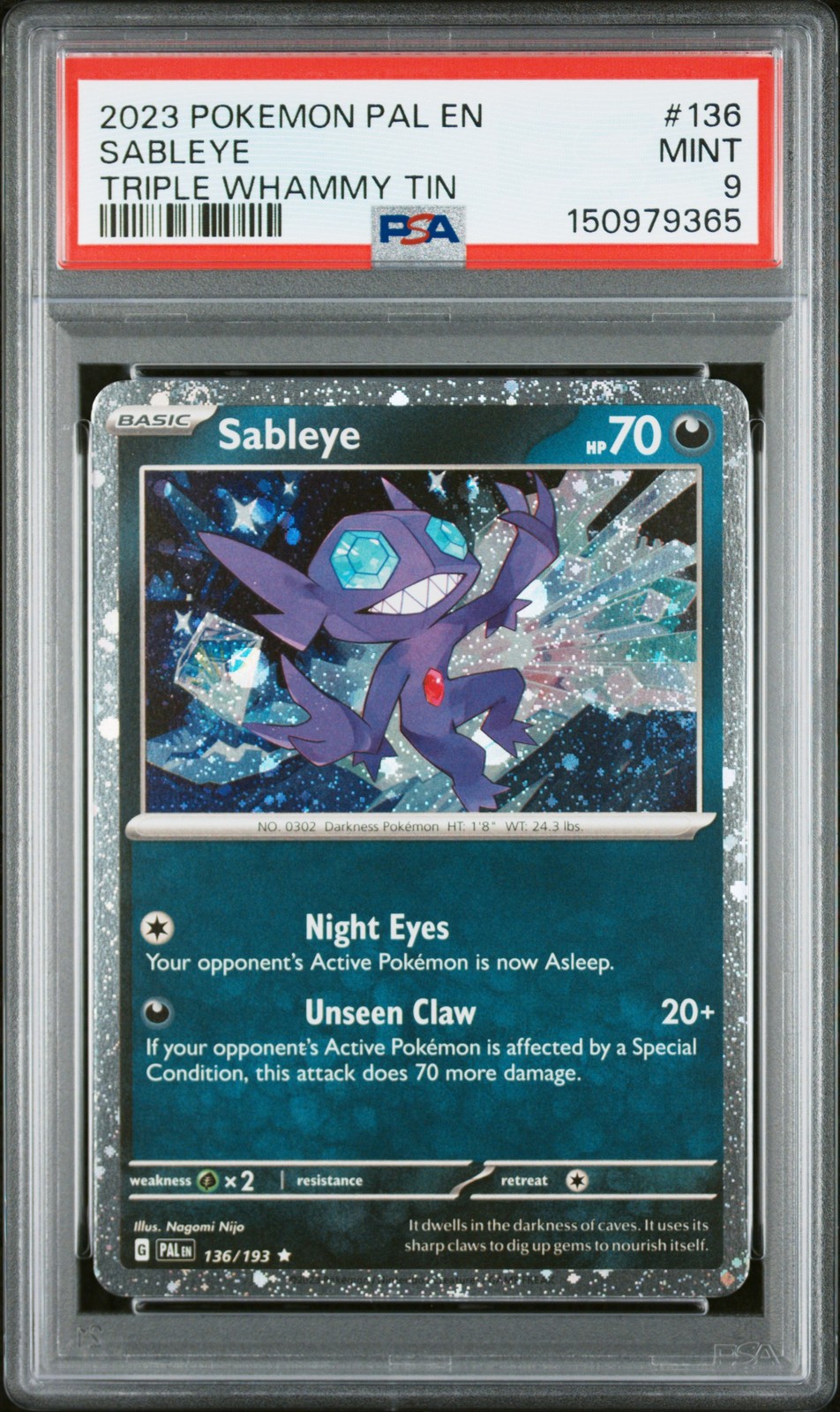 PSA 9 - SABLEYE #136 TRIPLE WHAMMY TIN 2023 POKEMON PAL EN PALDEA EVOLVED