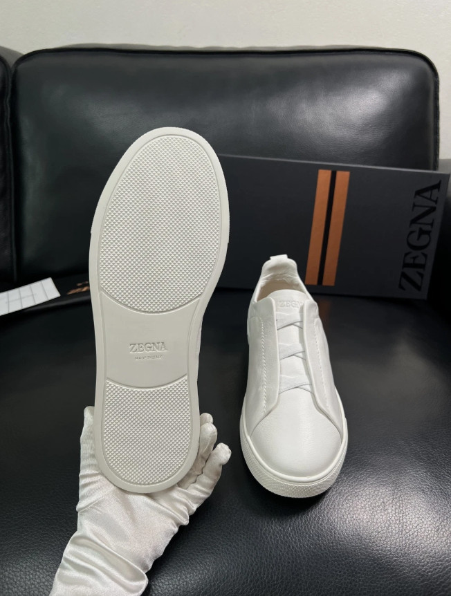 🔥Men\'s Zegna Triple Stitch White Leather Slip On Casual Sneakers