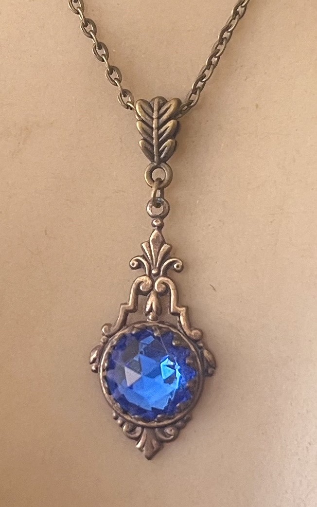 Blue Necklace Victorian Revival Brass Filigree Czech Glass Rhinestone Pendant Blue Necklace Victorian Revival Brass Filigree Czech Glass Rhinestone Pendant