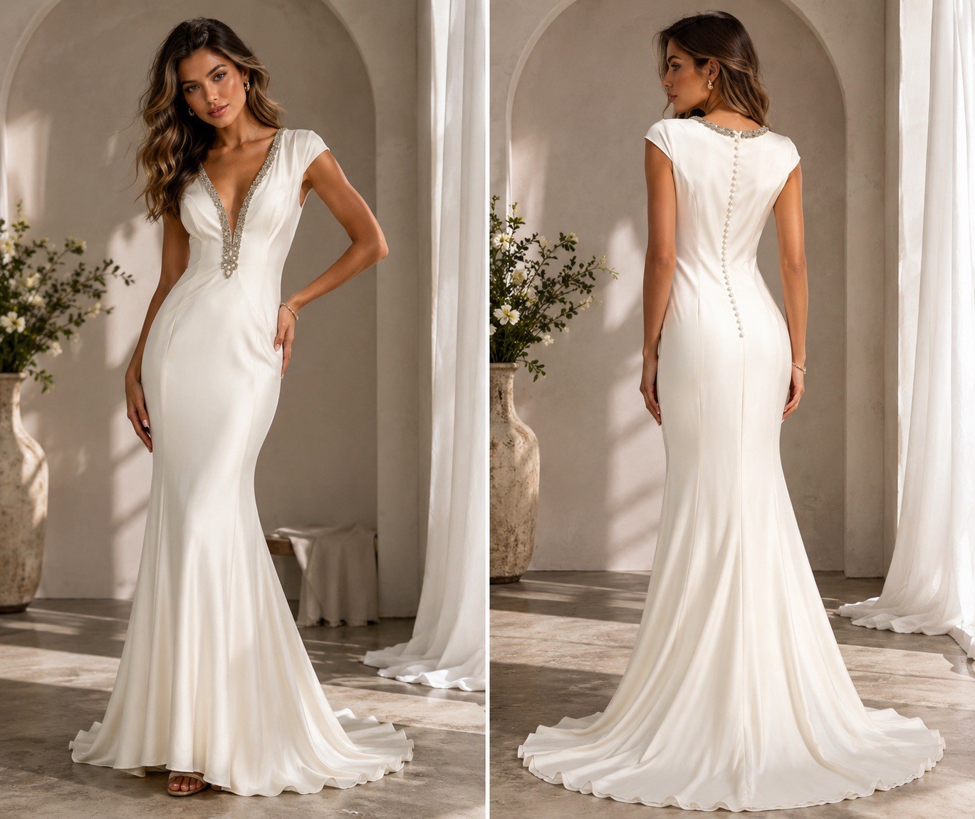 Lulus Ivory Mermaid Wedding Dress NWT Cap Sleeve Bridal Gown Sz 2 Deep V Beaded