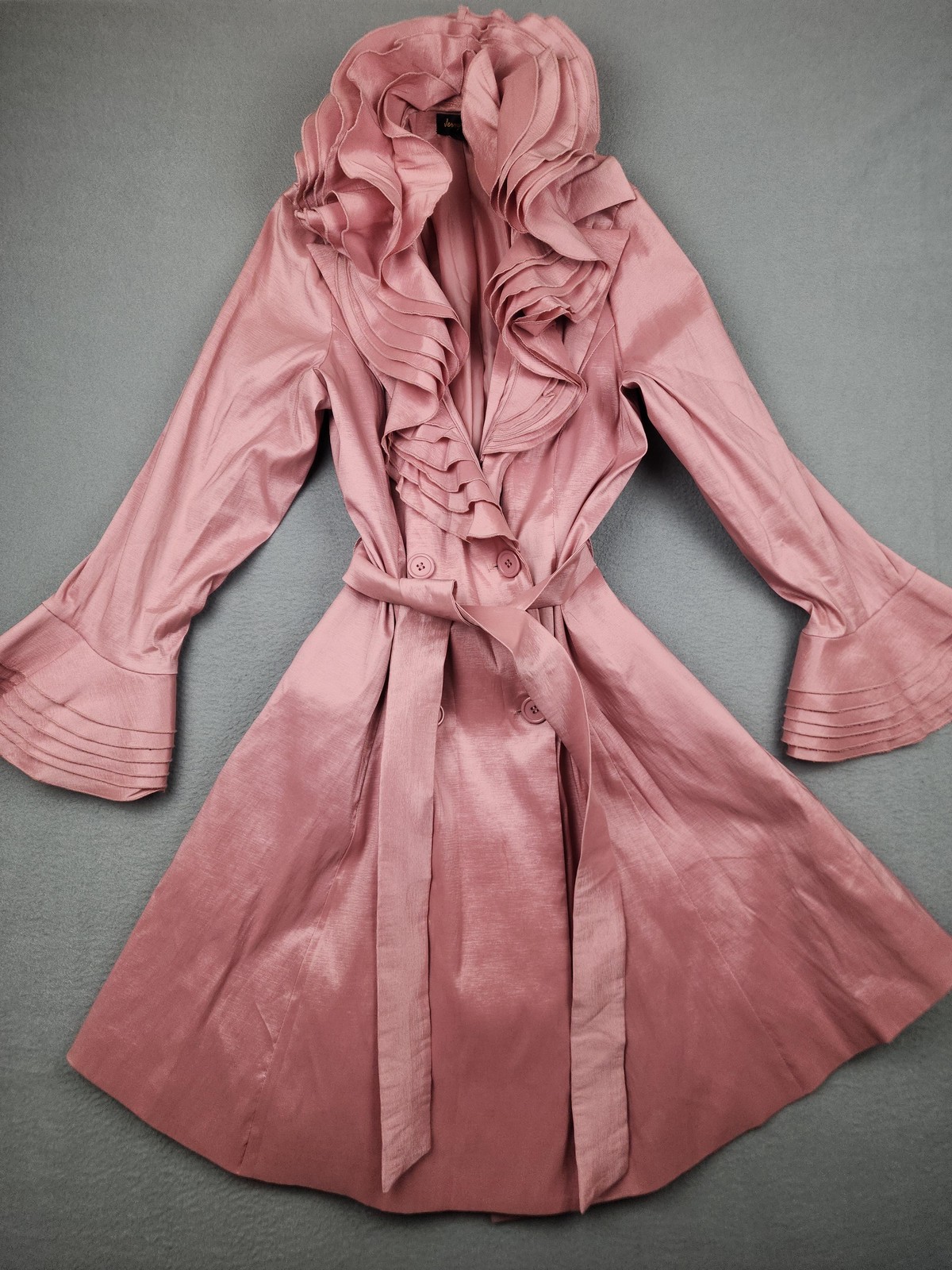 Jerry T Coat Womens Large Pink Taffeta Trench Ruffle Collar Belted Dressy Light