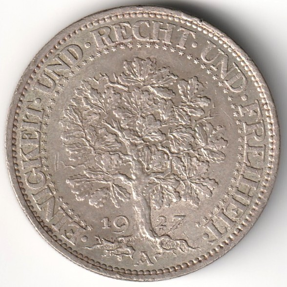 1927-A Weimar Germany 5 Reichsmark Oak Tree Silver Nice 