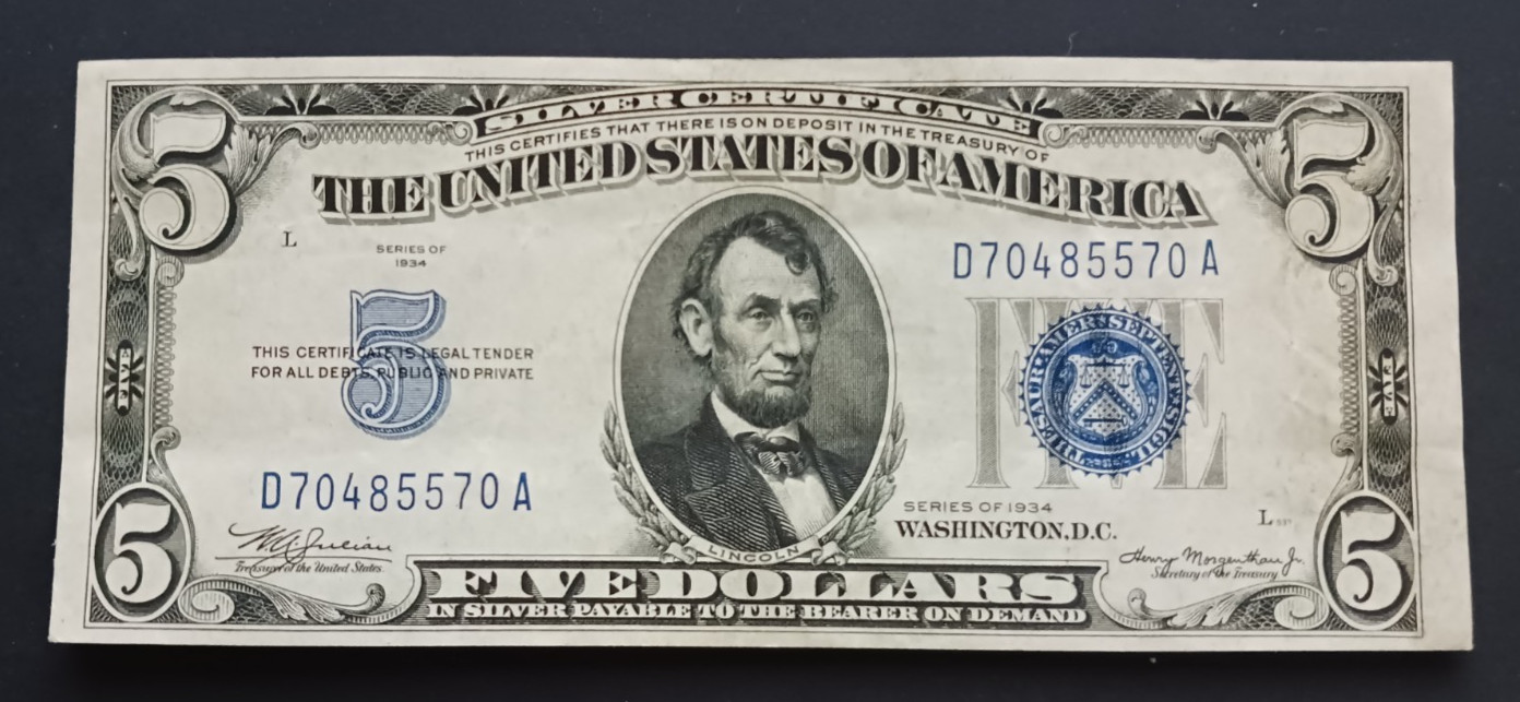 US 1934 $5.00 Blue Seal Silver Certificate uncirculated DA block