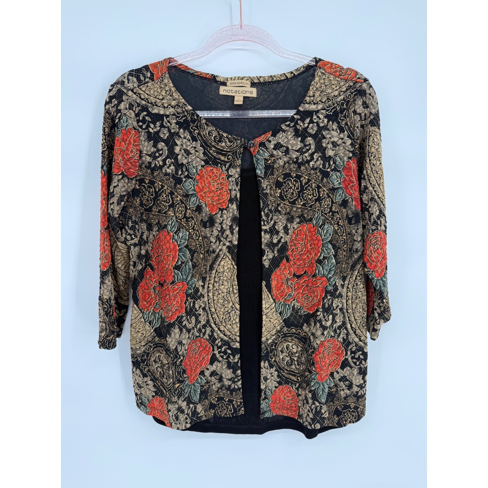 Notations Stretch Womens Floral Paisley Layered Top Black Red Gold Sz L