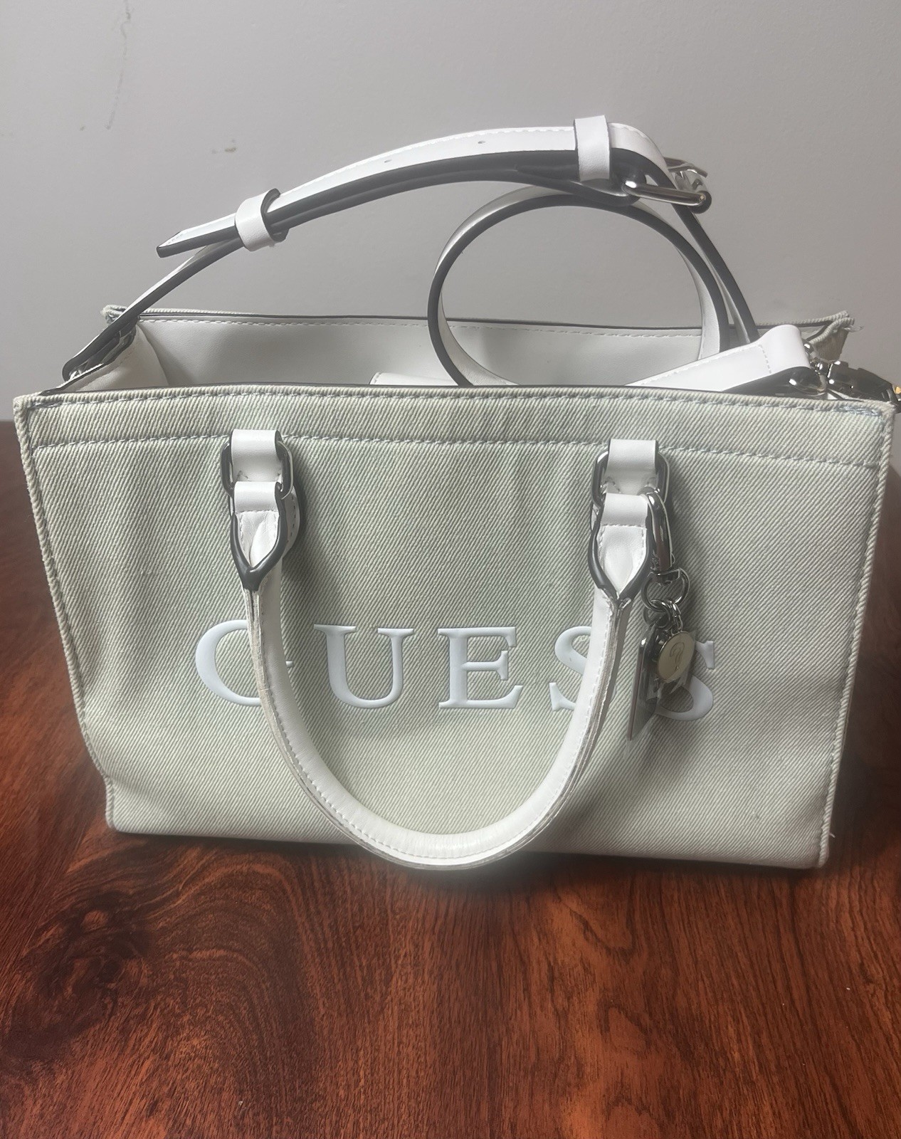 Guess Sage Green Logo Satchel Top Handle Bag Detachable Strap Magnetic Medium