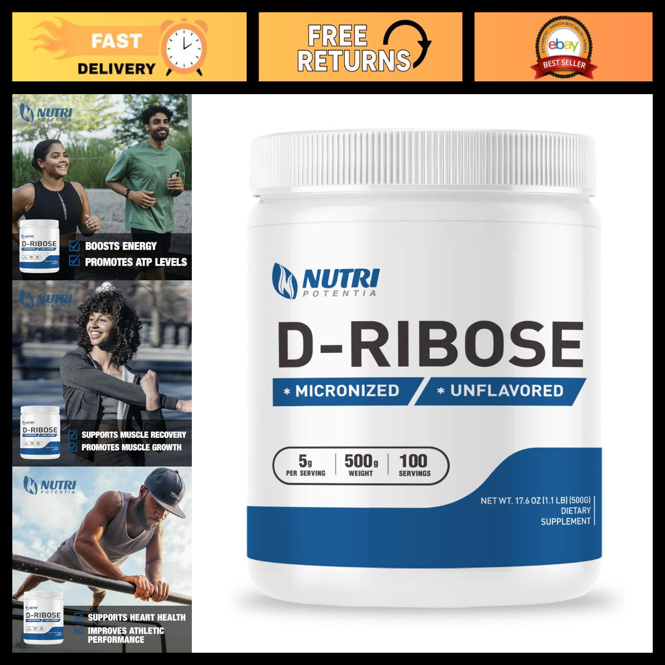 D-Ribose Powder Supplement - Unflavored Energy Booster, Gluten Free, 500g