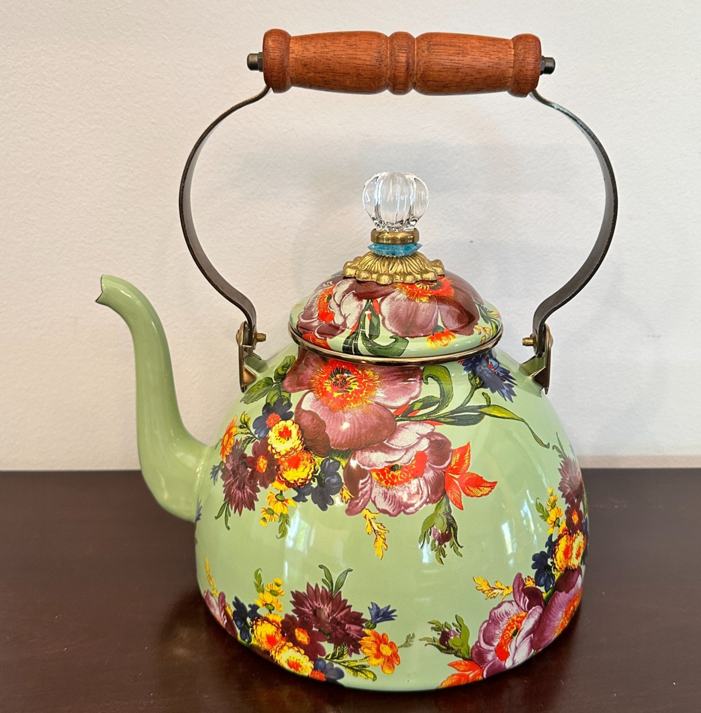 MacKenzie-Childs Green Flower Market Tea Kettle 3 qt. Enamel Retired (Read)
