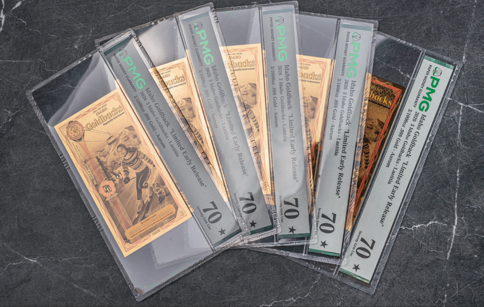 3 IDAHO Limited Early Release Goldback Gold Foil Note 24kt .999 Fine PCGS