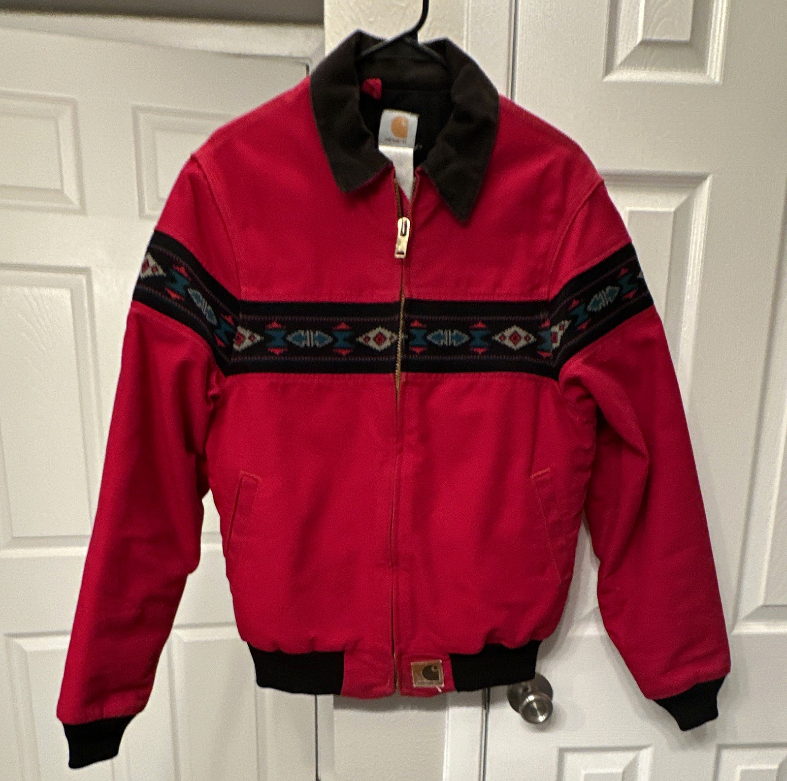 Carhartt Santa Fe Aztec Geometric Bomber Jacket Red/Black M Zip Lined Carhartt Santa Fe Aztec Geometric Bomber Jacket Red/Black M Zip Lined