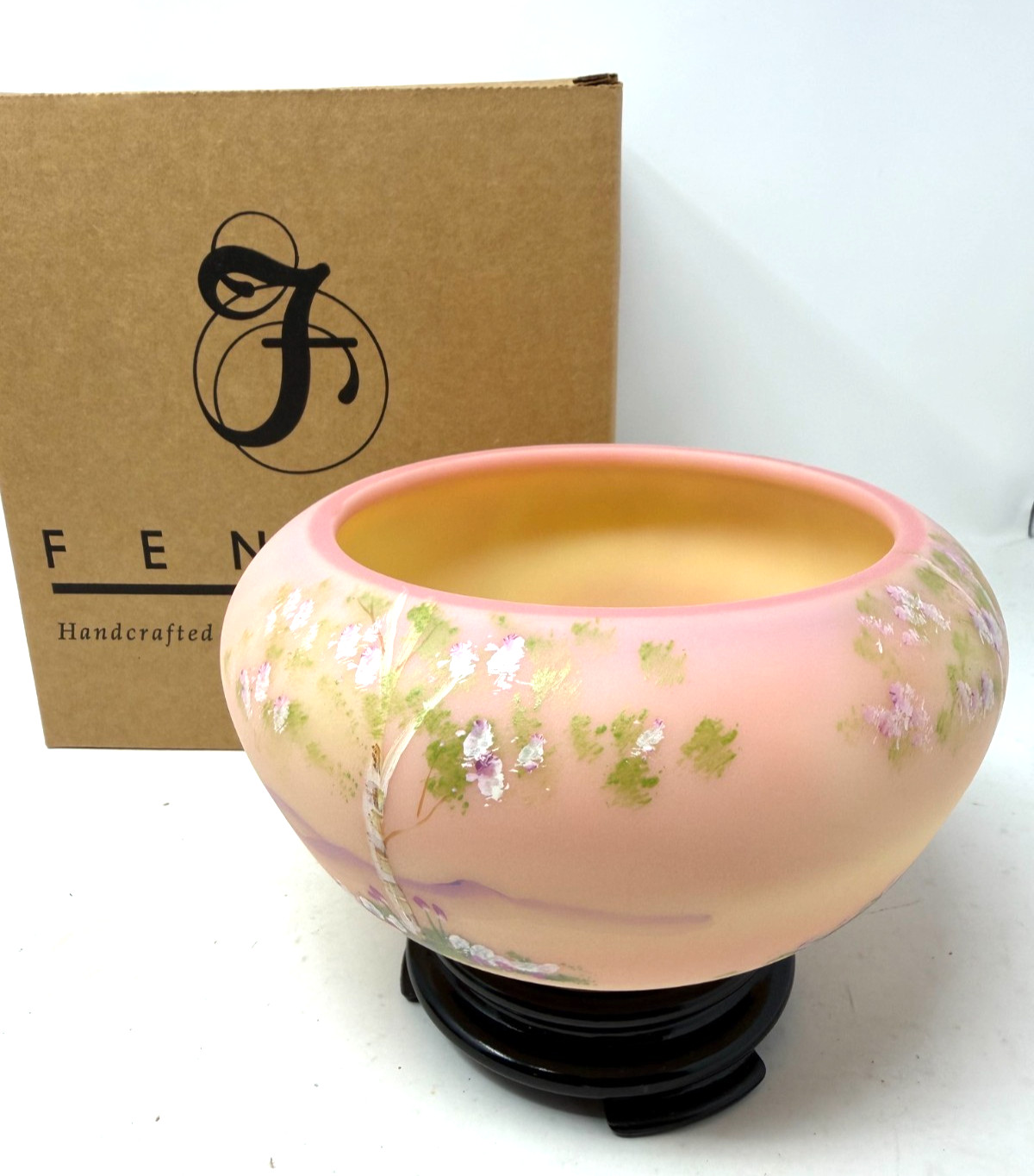 Fenton Burmese Rose Bowl with Stand Signed D Fredrick NEW Fenton Burmese Rose Bowl with Stand Signed D Fredrick NEW