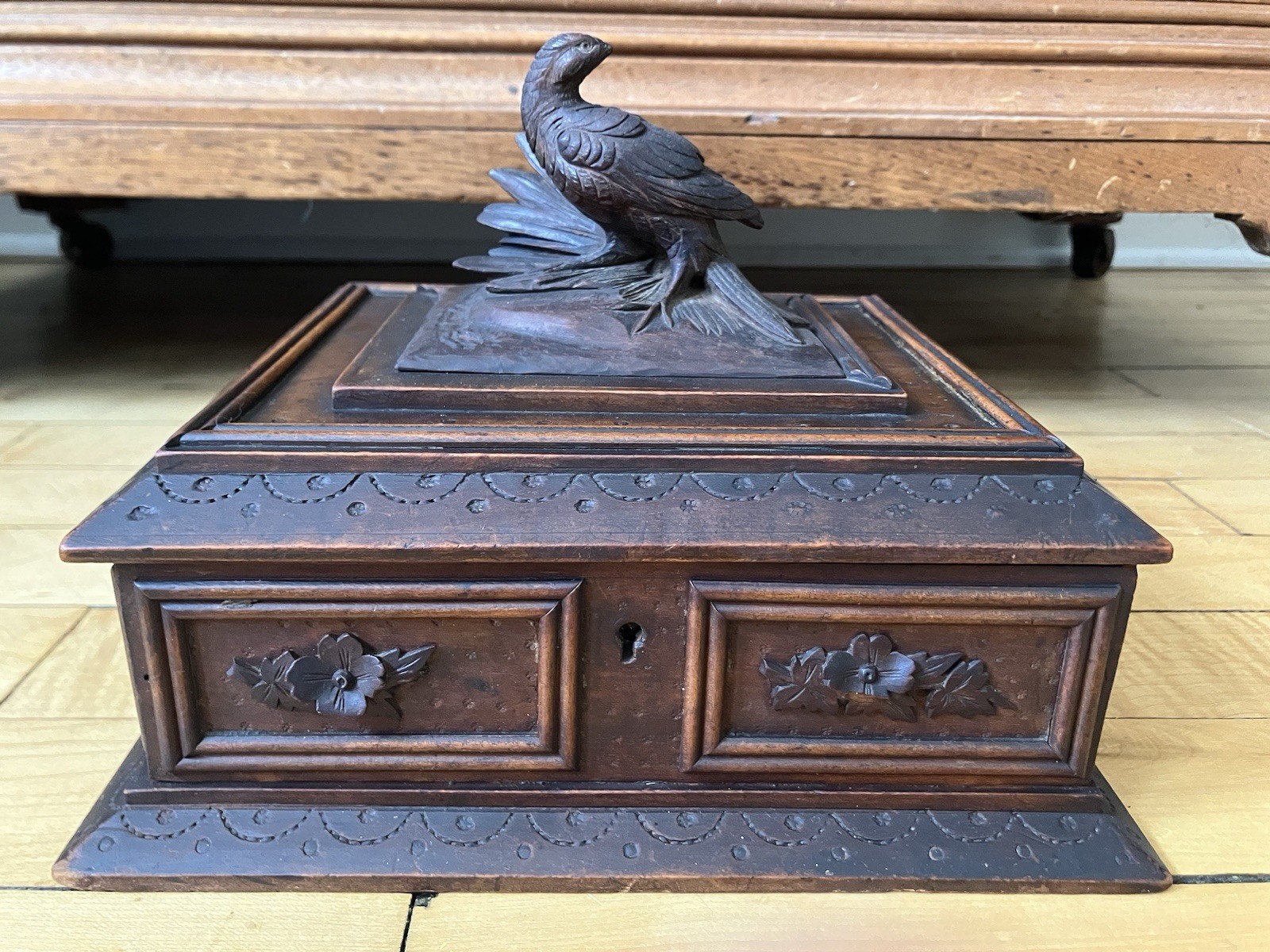 Old Antique Black Forest Carved Wooden Ornate Trinket Dresser Box With Bird