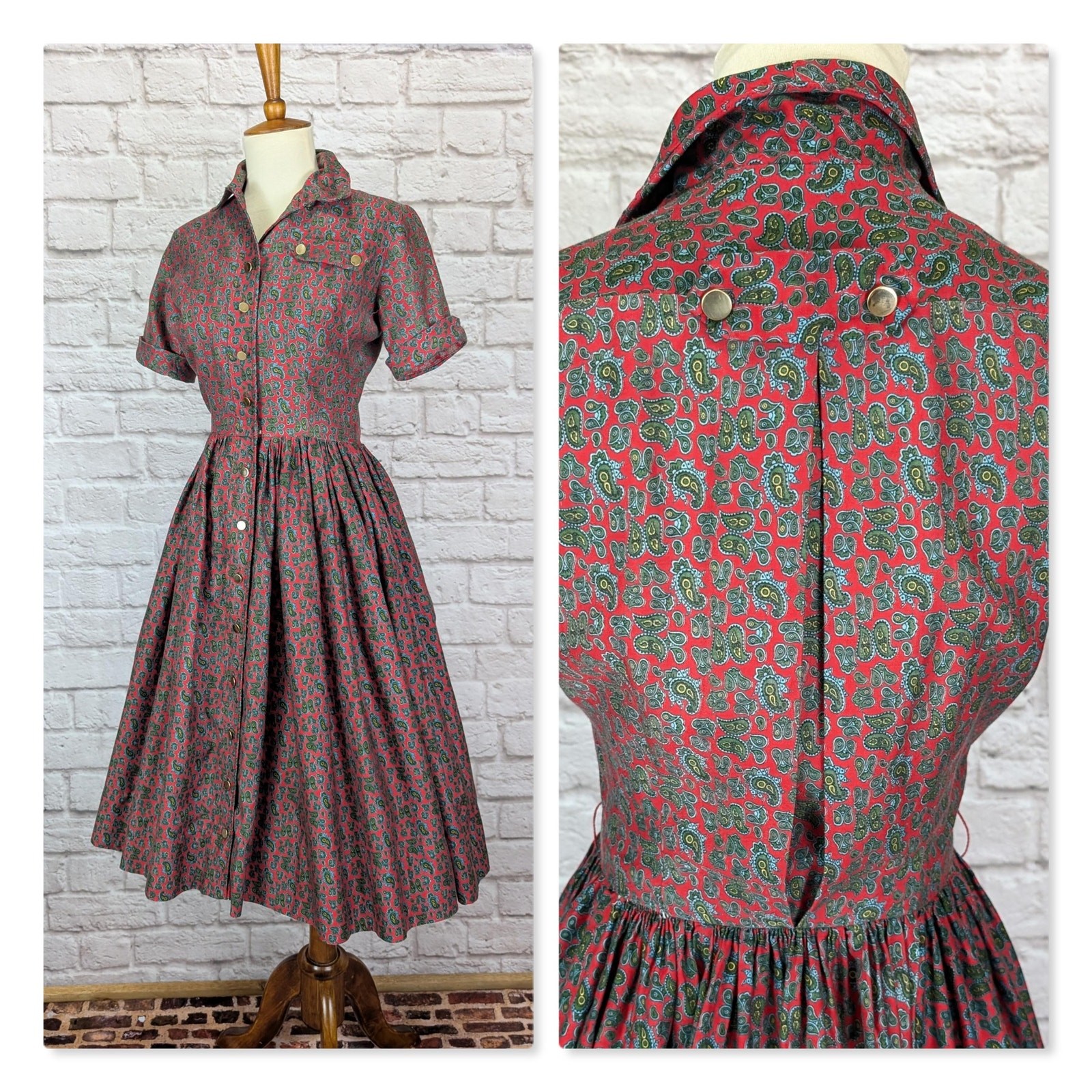 Vintage 50\'s 60\'s Fit Flare Shirtwaist Dress Pleated Skirt Red Cotton Size XS