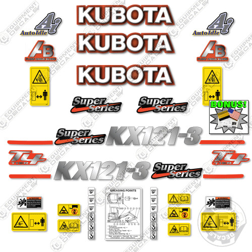 Fits Kubota KX121-3 Decal Kit Mini Excavator (WITH WARNINGS) 7 YEAR 3M VINYL