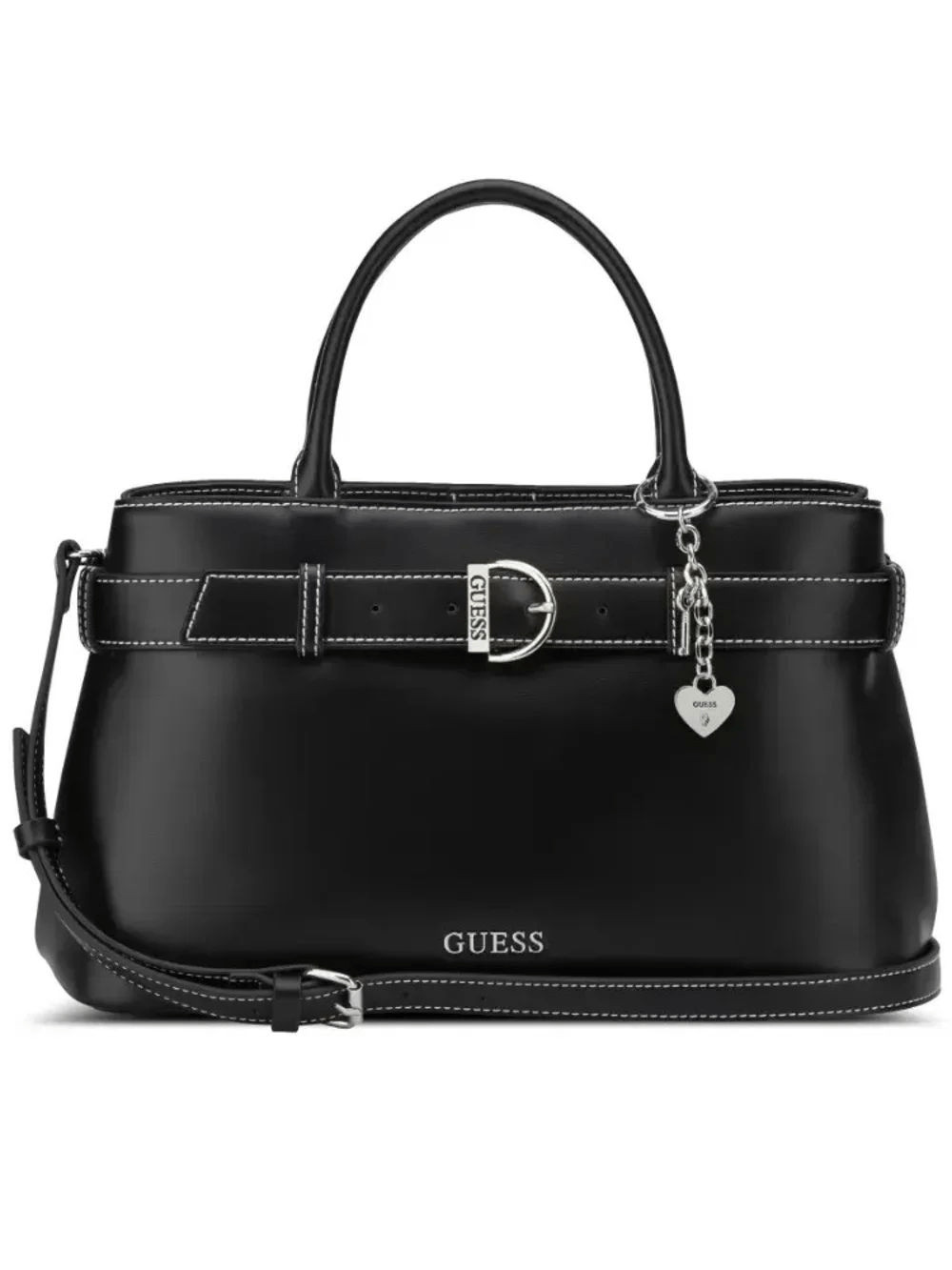 GUESS Black Satchel with Silver Hardware and Heart Charm