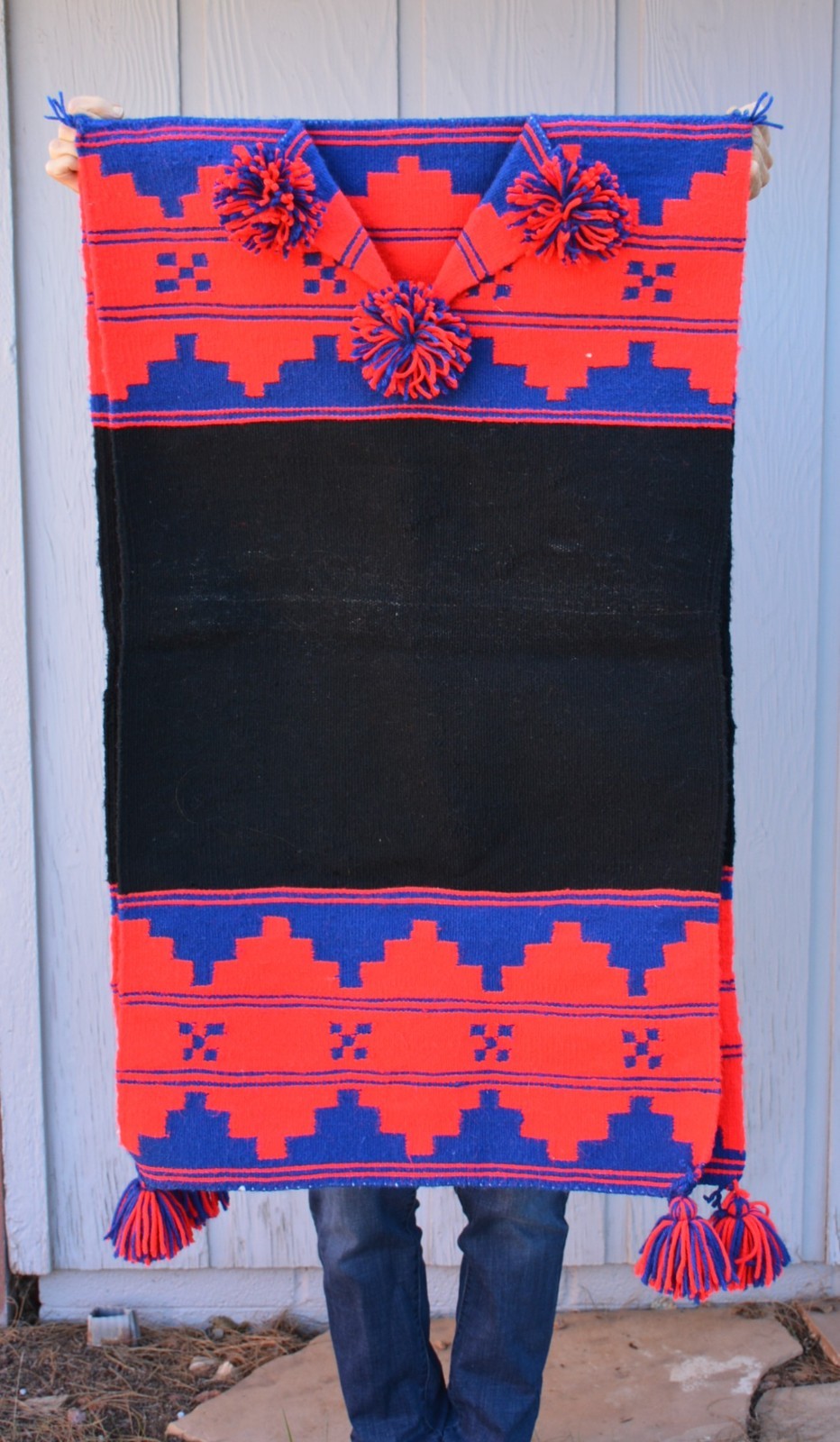 Traditional Handwoven Navajo Wool Rug Dress - Biil - Blue Red Black - Tassles Traditional Handwoven Navajo Wool Rug Dress - Biil - Blue Red Black - Tassles