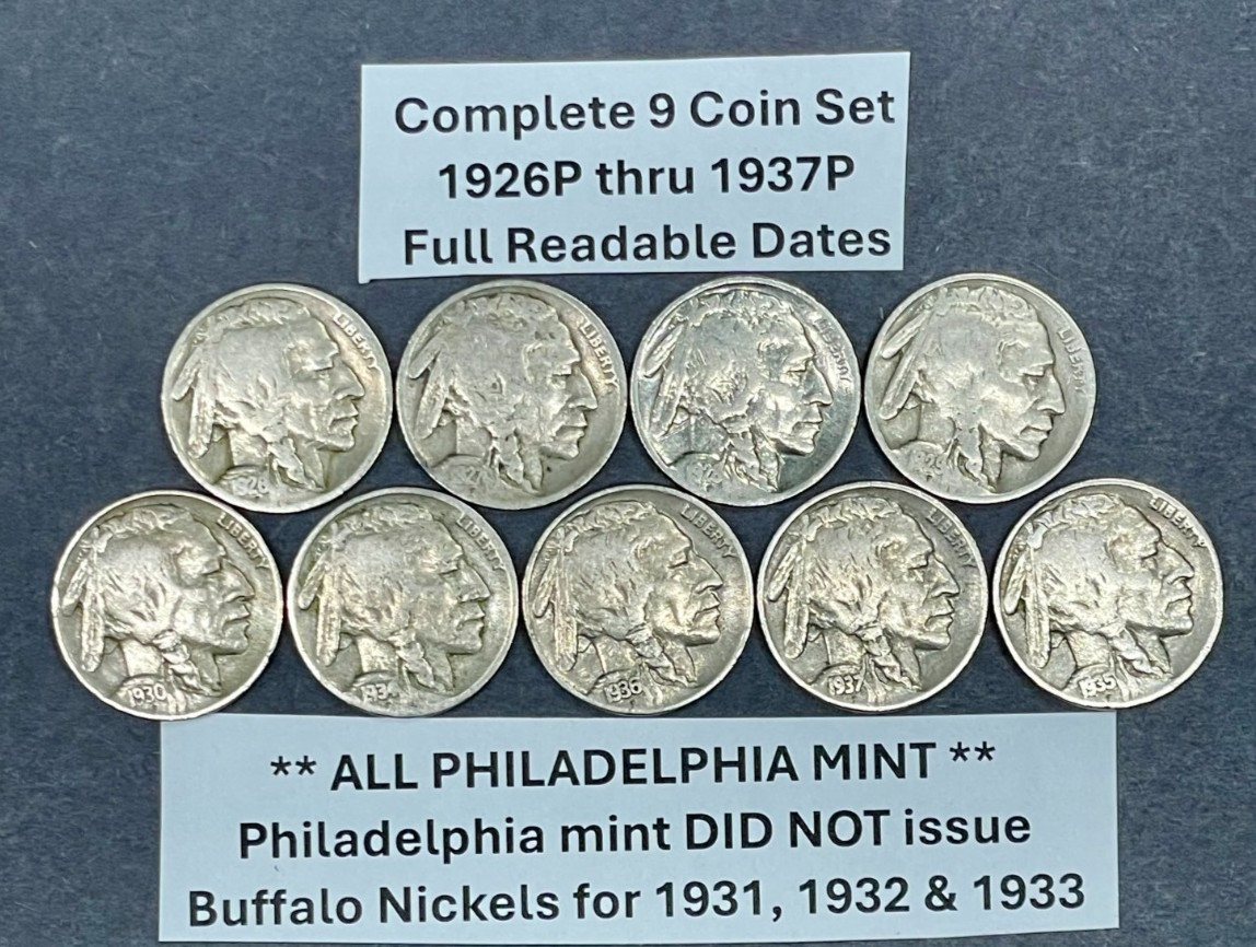 Complete Full Date Buffalo Nickel Set 9 Coins 1926P-1937P