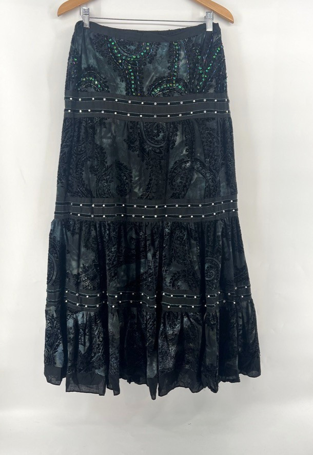 Vtg Y2K Tiered Velvet Burnout Maxi Skirt L Ren Faire Fairy Grunge Witchy Boho
