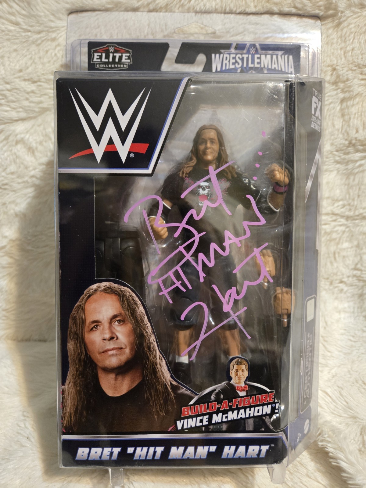 Bret Hart Signed WWE WrestleMania Elite Figure Pink Auto Inscribed