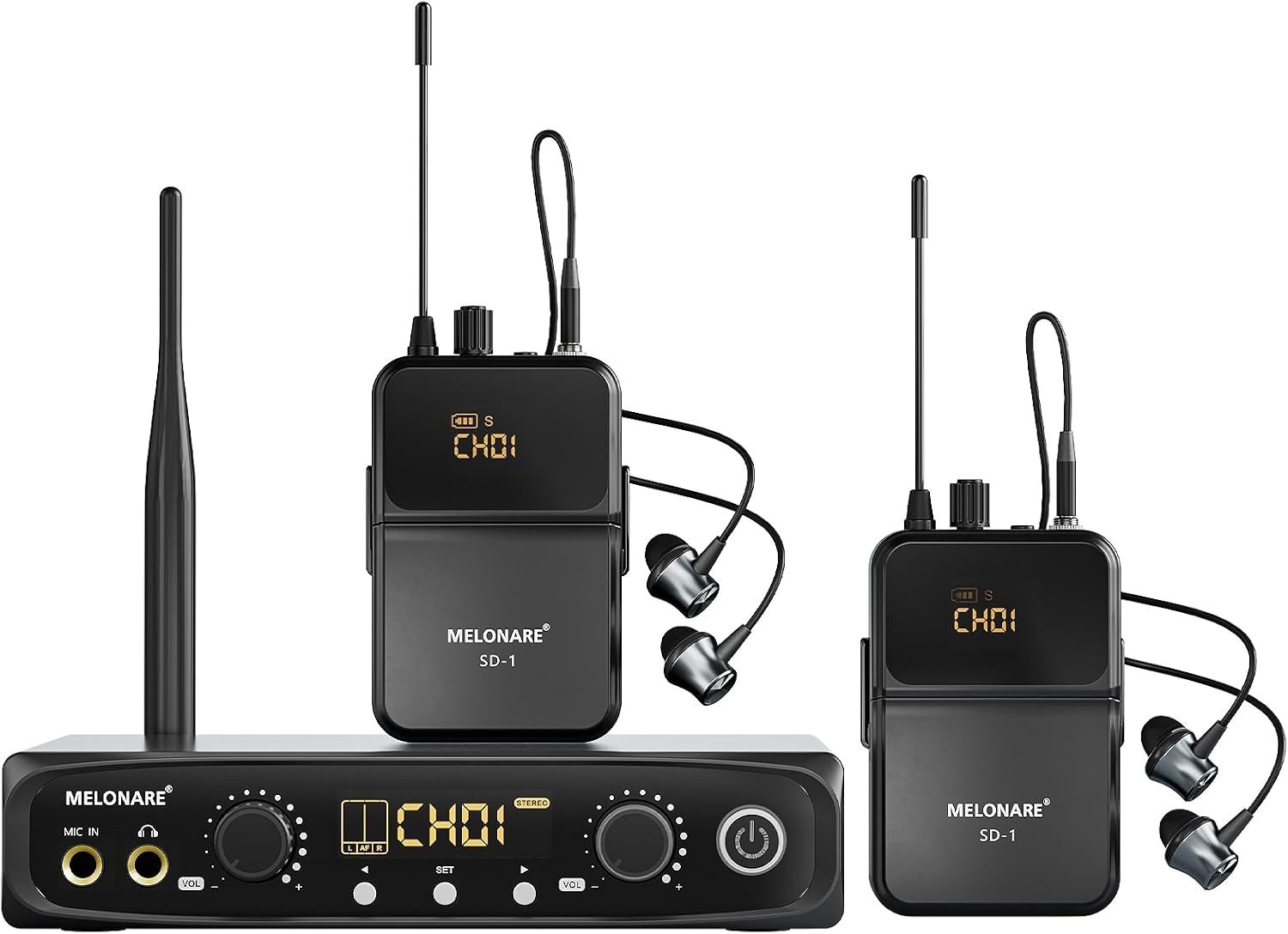 MELONARE Wireless IEM System Stereo/Mono 200ft SD-1-2R | 2 Bodypack Receivers... MELONARE Wireless IEM System Stereo/Mono 200ft SD-1-2R | 2 Bodypack Receivers...