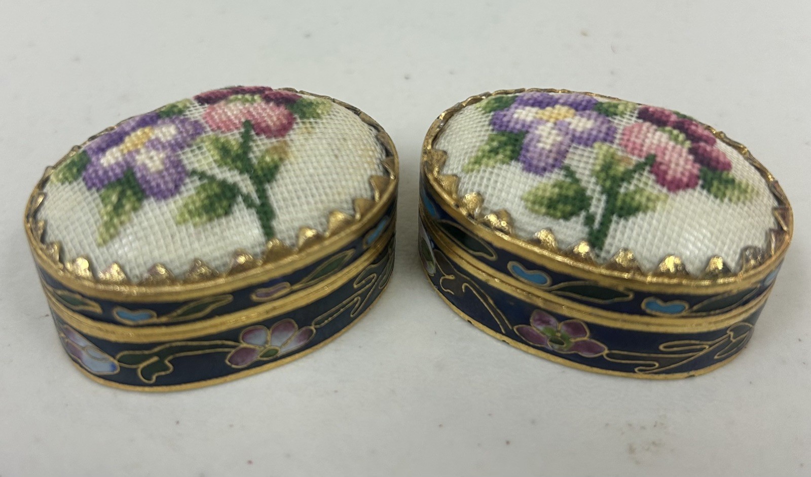 Vintage Pair of Needlepoint Petit Cloisonne Enamel Oval Trinket Pill Box Floral