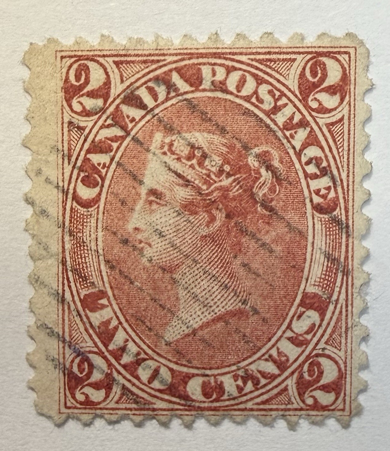Canada #20a 1859 2c Victoria deep claret rose, perf 12x12 Used ; $125 UCV