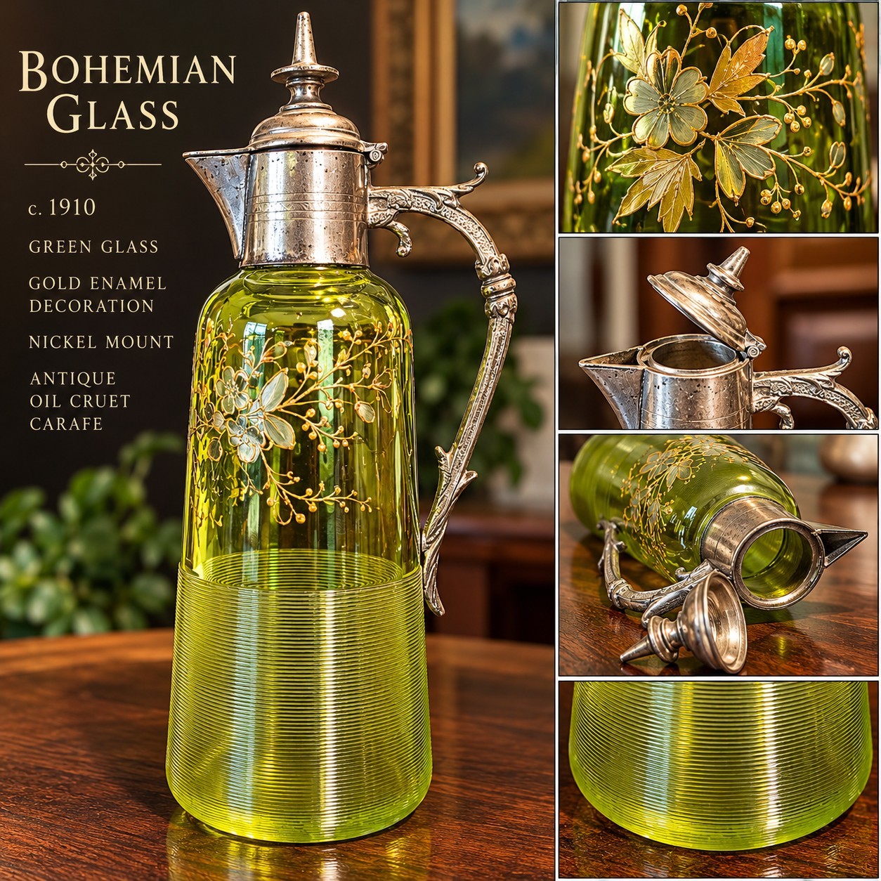 🇨🇿 c.1910 Bohemian Vaseline-Color Green Glass Oil Cruet Gold Enamel Antique