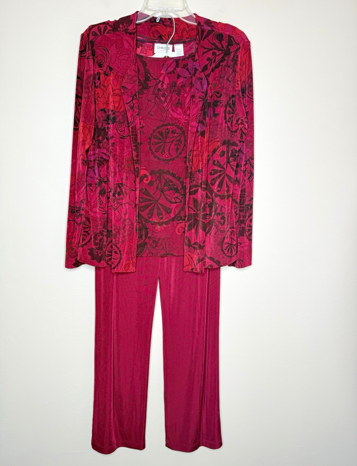 Chico\'s Travelers Floral Knit 3-Piece Set Cardigan Tank Pants Size 1 Chico\'s Travelers Floral Knit 3-Piece Set Cardigan Tank Pants Size 1