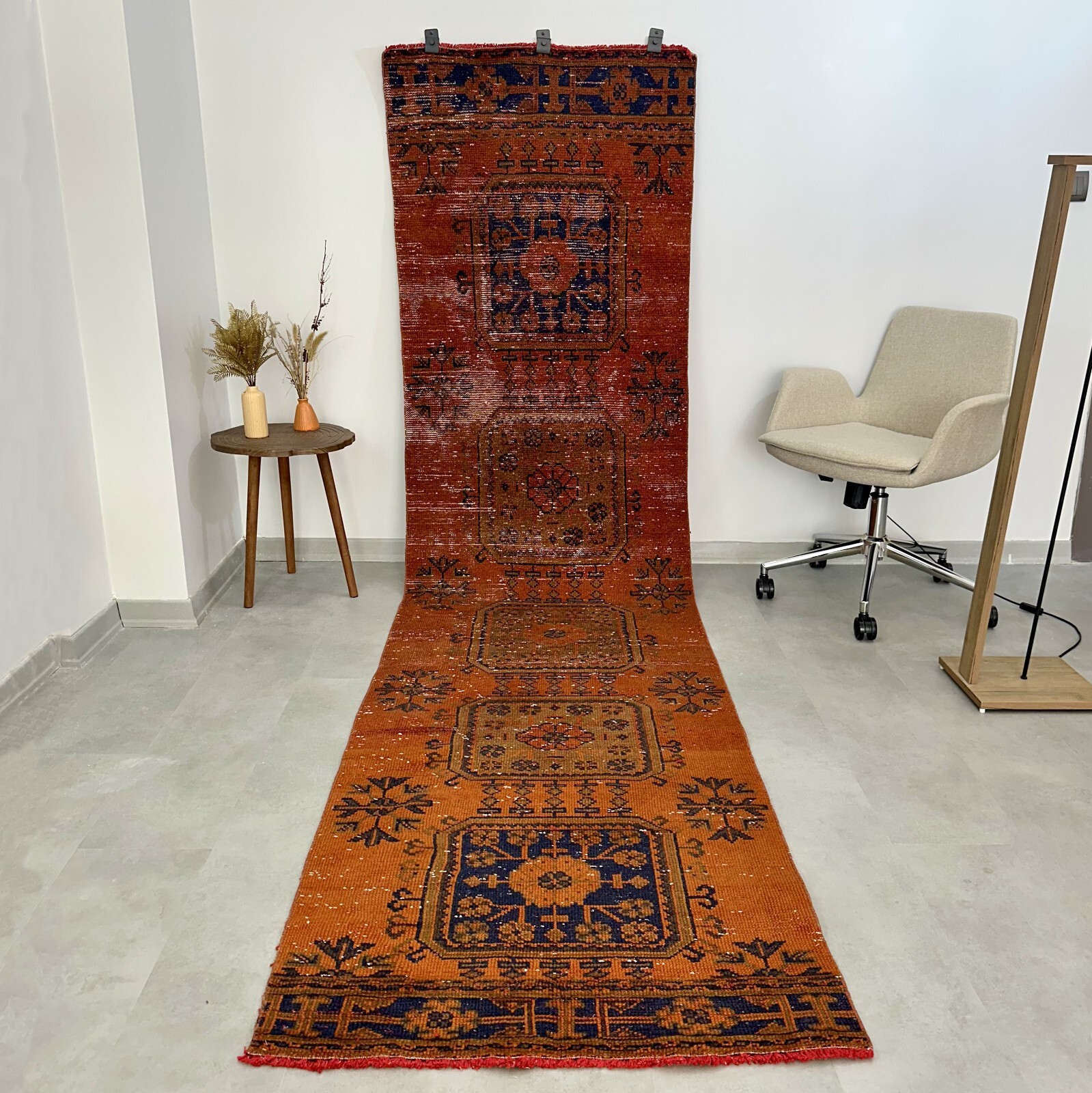 3x11 Floral Brick Vintage Orange Rug, Turkish Oushak Hallway Rug, Handmade Wool 3x11 Floral Brick Vintage Orange Rug, Turkish Oushak Hallway Rug, Handmade Wool