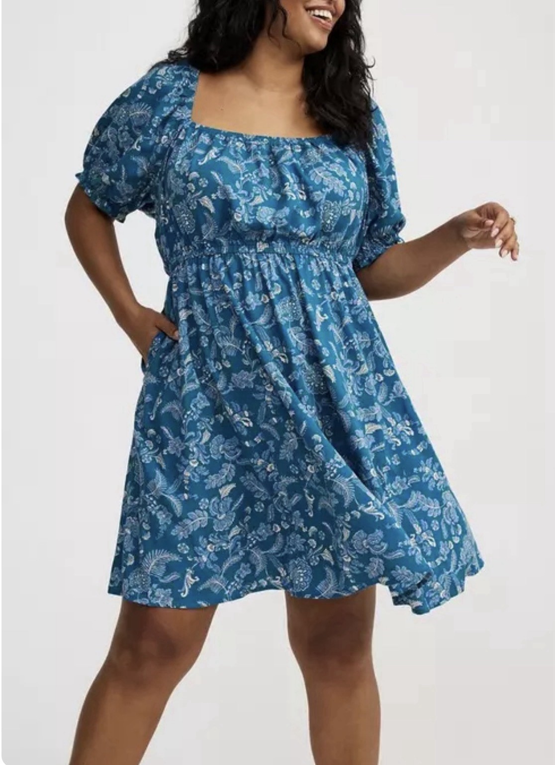 Torrid Blue Floral Smocked Square Neck Puff Sleeve A-Line Dress 2X