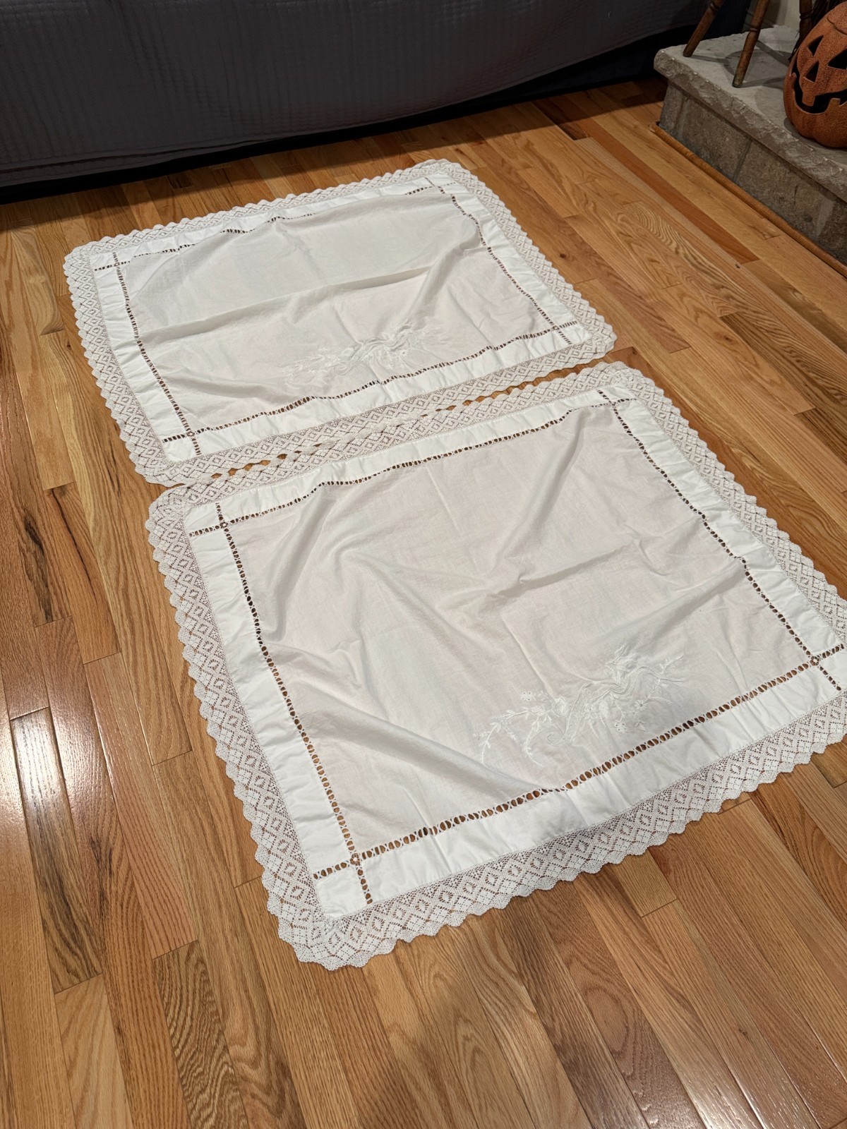 Pair of Antique Embroidered Victorian Cotton Pillow Covers- Buon Riposo