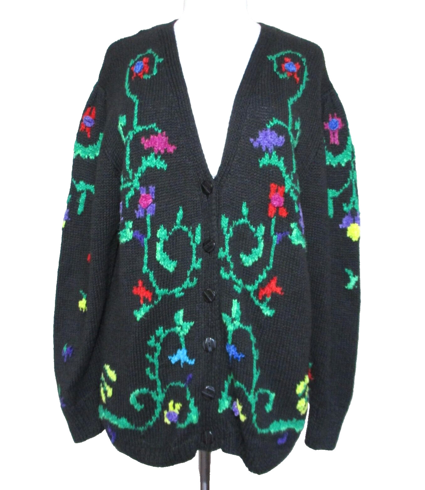 Vintage Studio Michelle Stuart Sweater Cardigan Black Embroidered Flowers M NWT