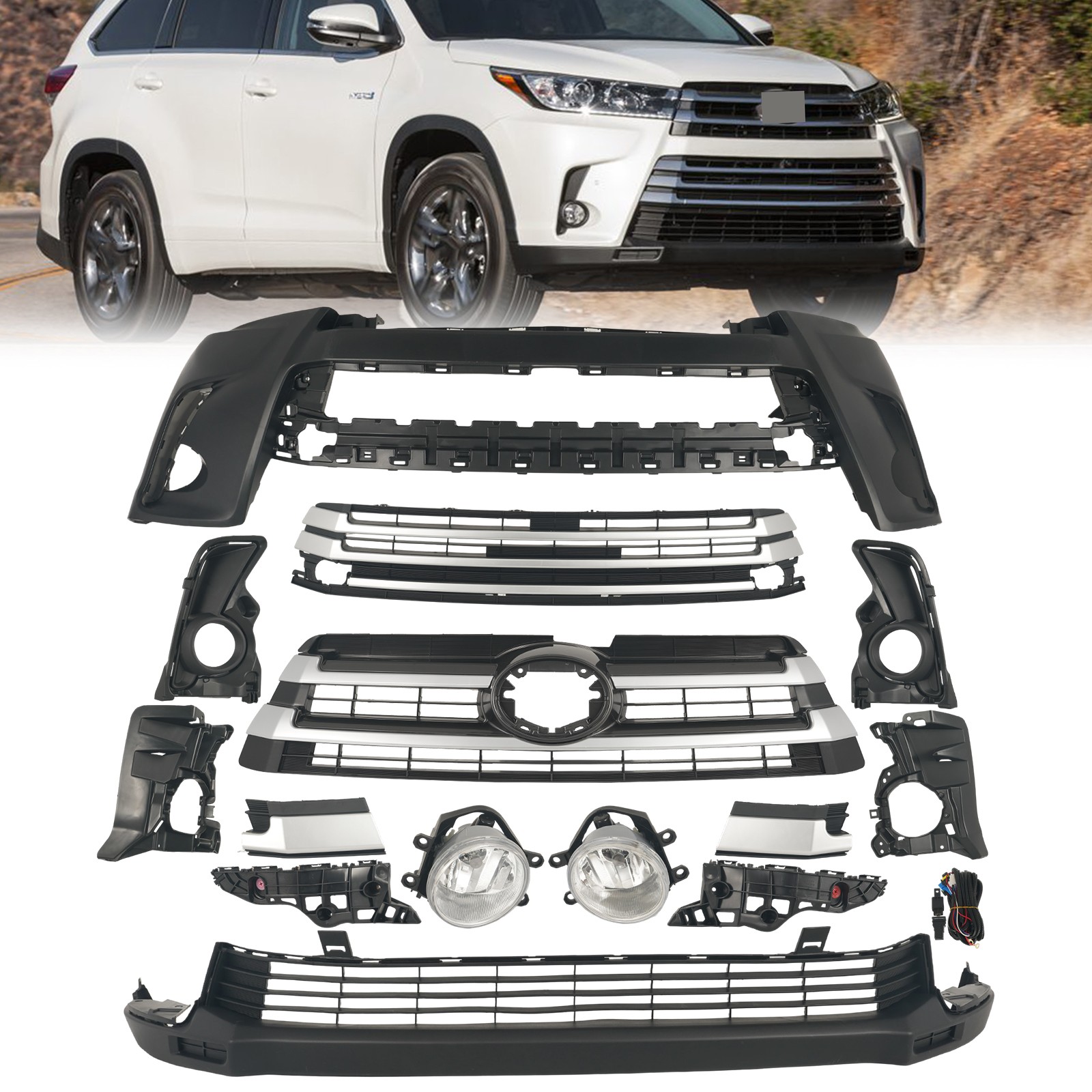 OE Style Front Bumper Cover & Grille Assembly Kit Fit 2017-19 Toyota Highlander
