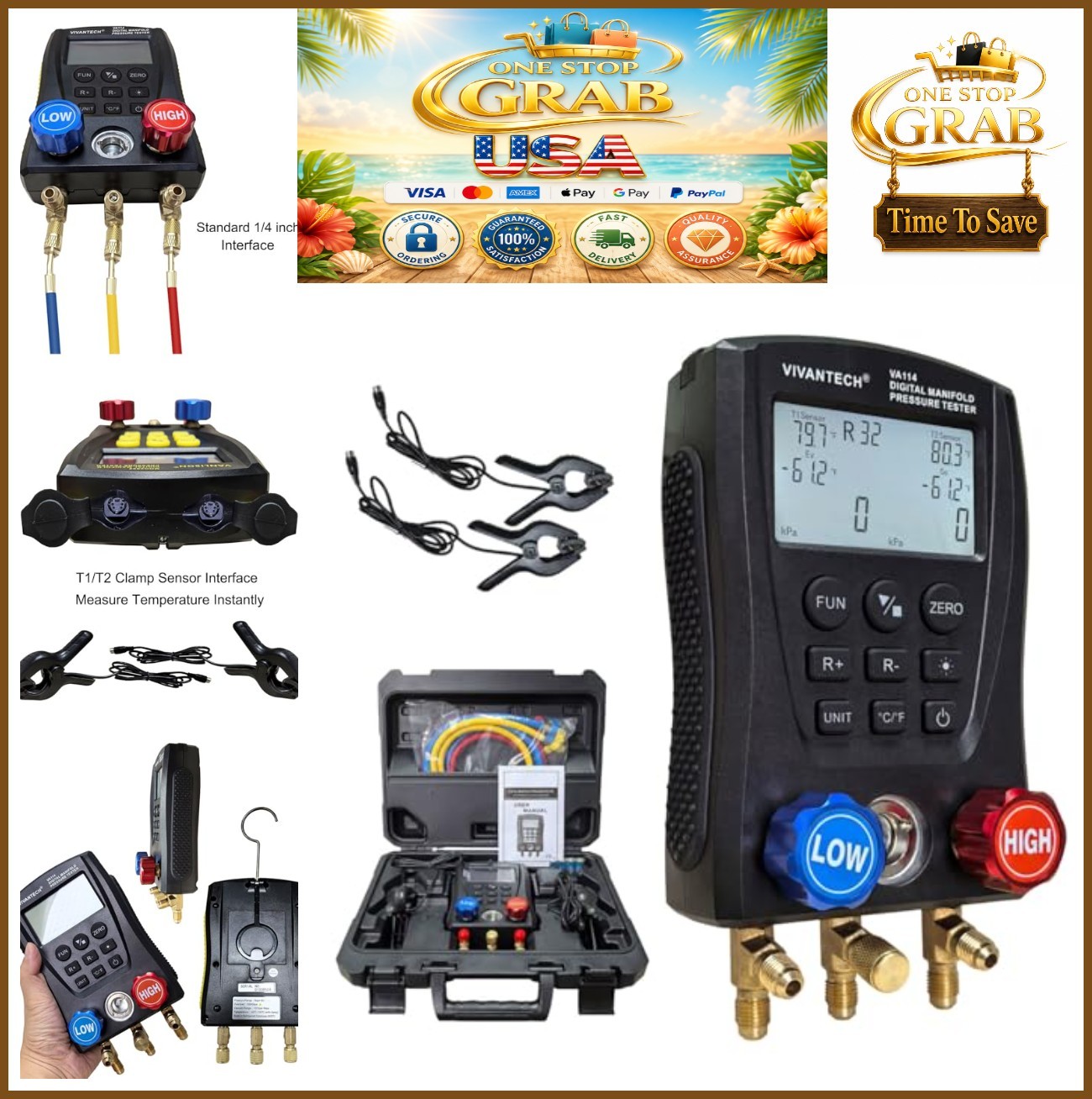 Digital Manifold Gauge Set HVAC Refrigerant Pressure Temp Tester 112 Profiles