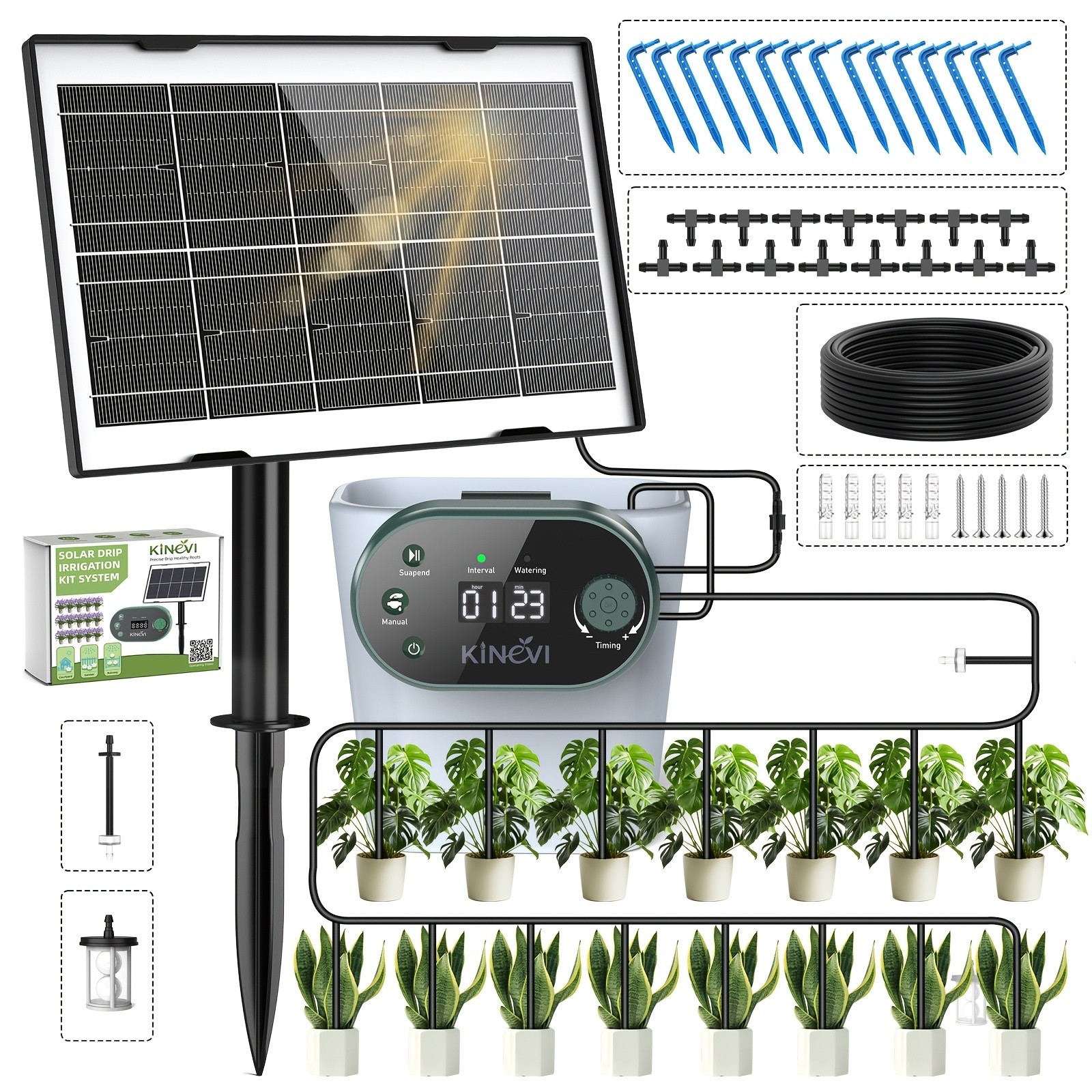 Solar Drip Irrigation System 3W,Automatic Plants Watering for 15 Pots,22 Modes