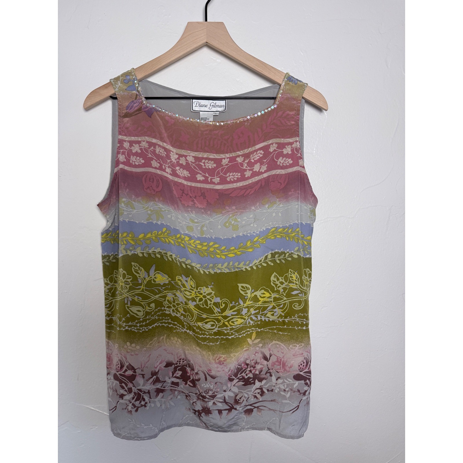 Vintage Y2K Diane Gilman 100% Silk Floral Sequin Blouse Sheer Fairycore