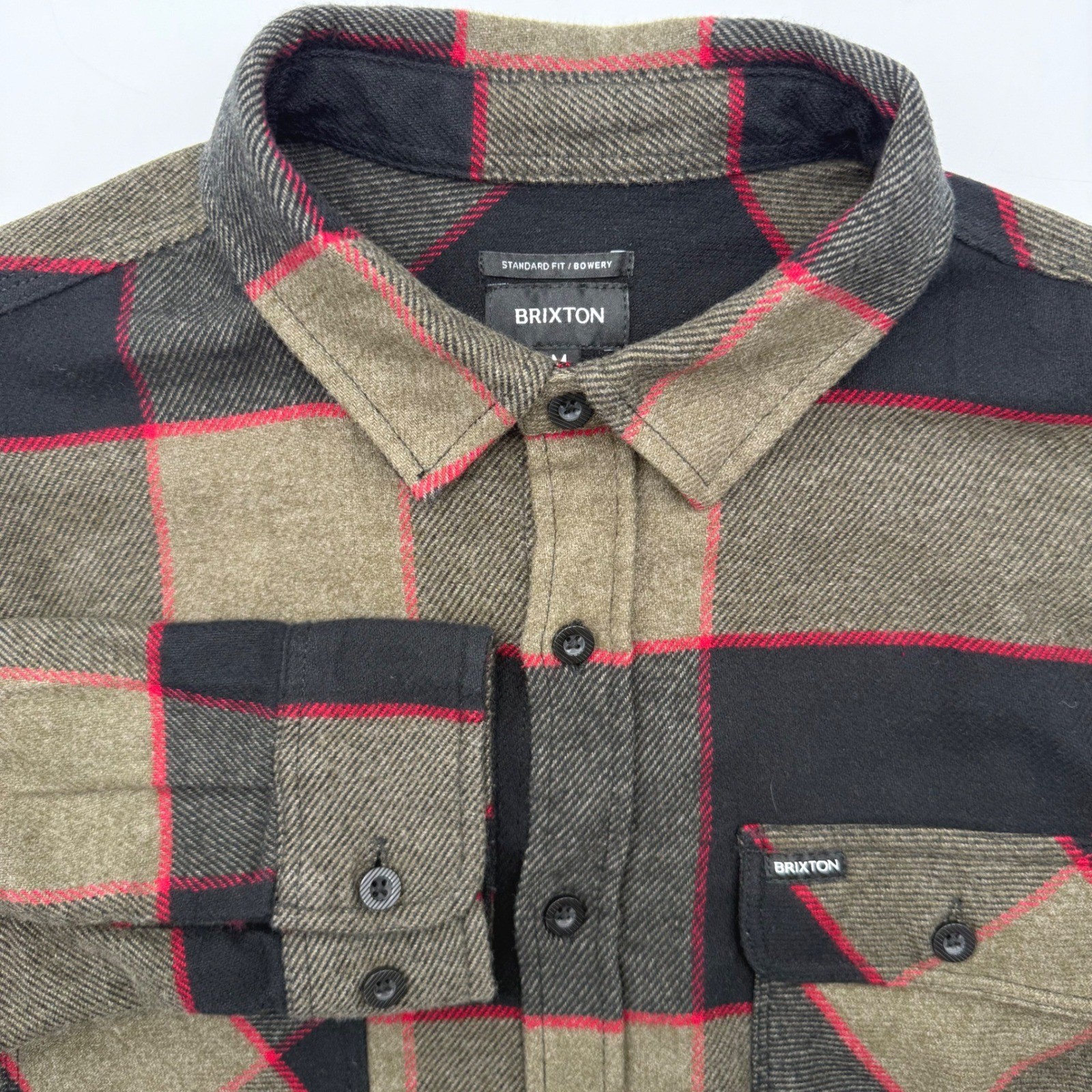 Brixton Flannel Shirt Mens M Olive Black Red Bowery Plaid Long Sleeve Button Up