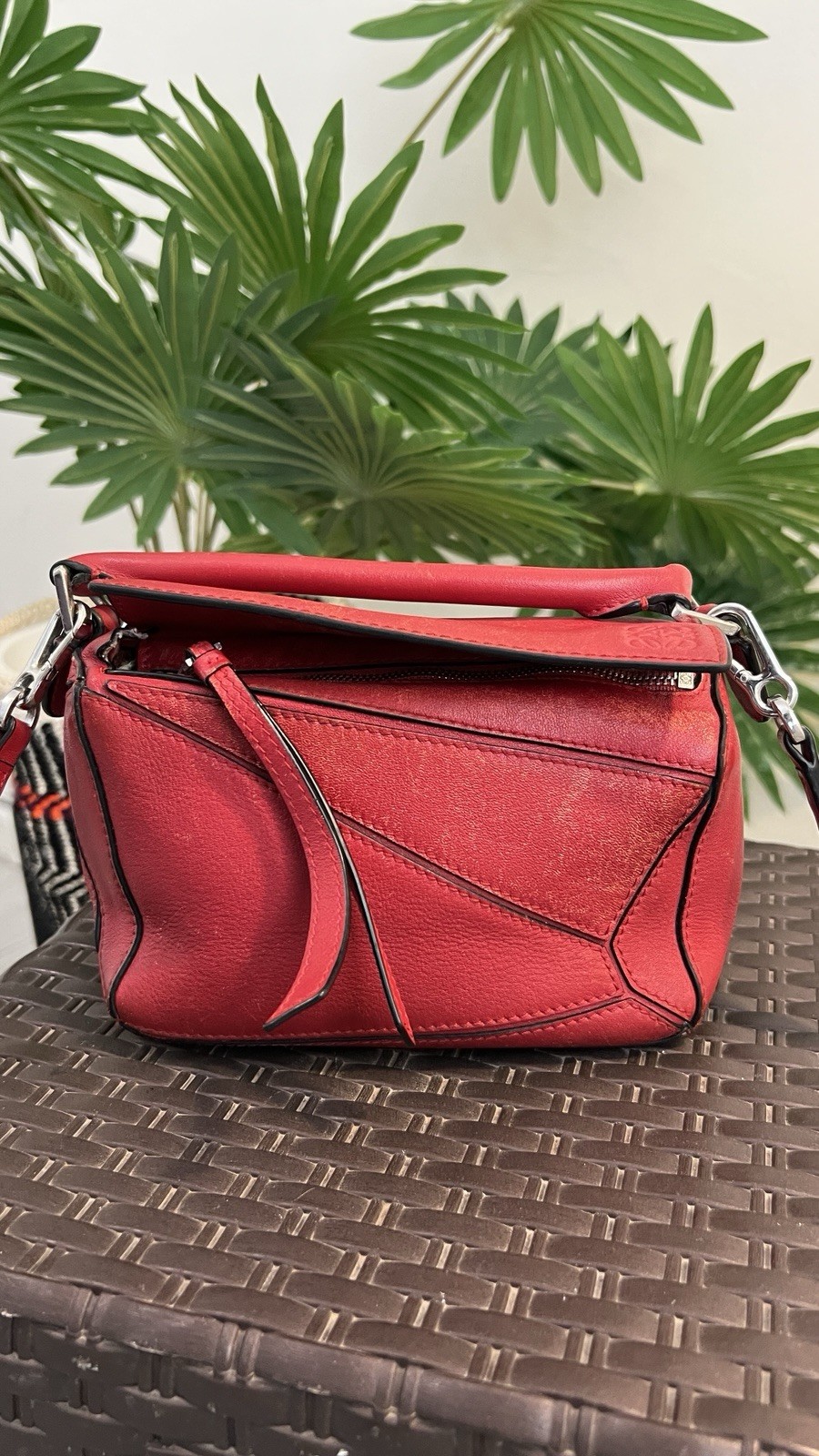 LOEWE Red Pebbled Calfskin Leather Mini Puzzle Bag