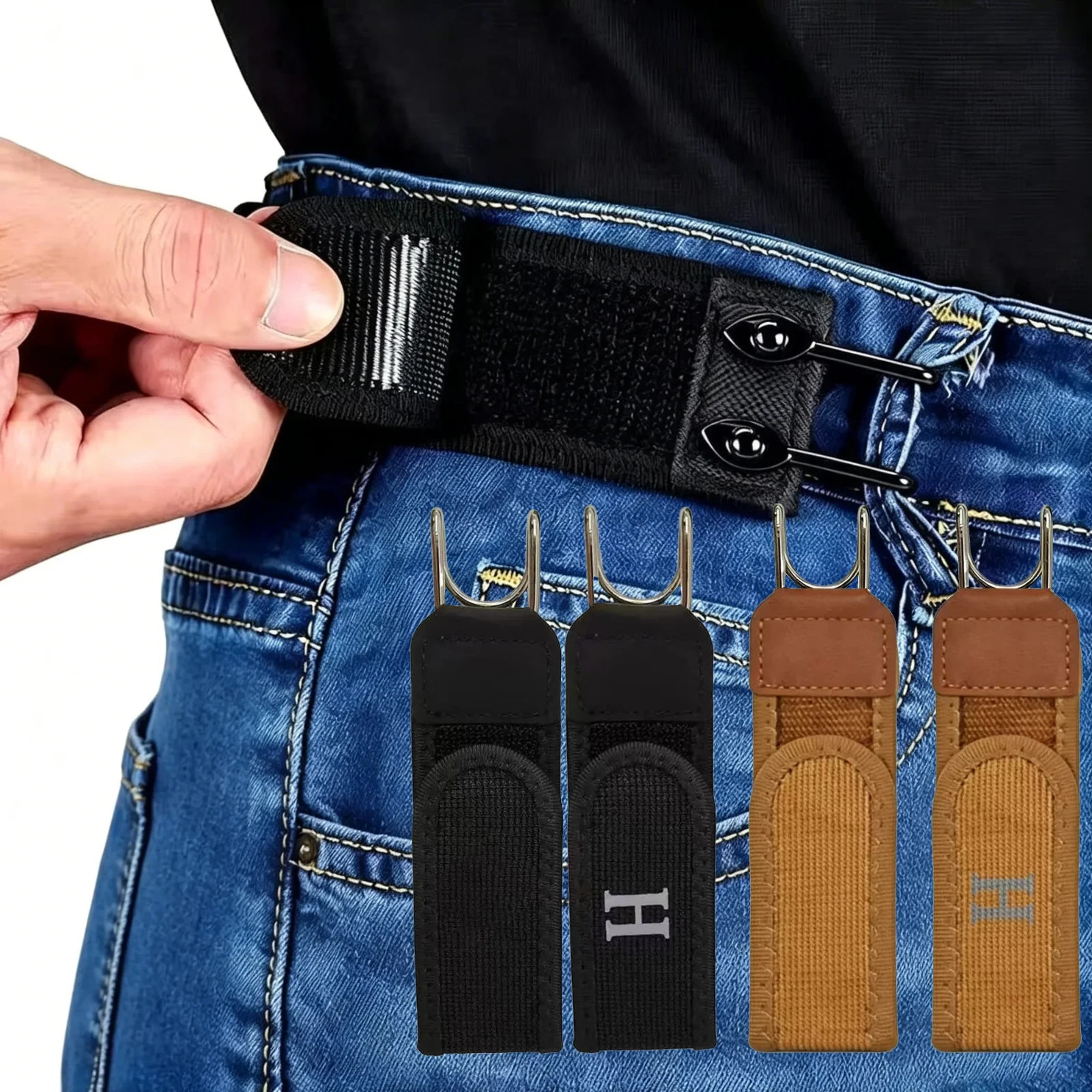 2PCS Tactical Metal Hook Elastic Belt Buckle-Less Invisible Waist Belt Closure