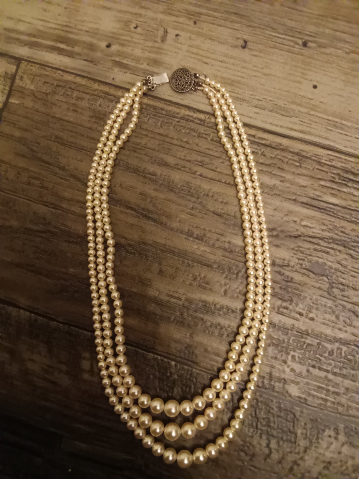 Vtg 3 Strand Pearl Choker Necklace Sterling Art Nouveau? Floral Heart Clasp 15”