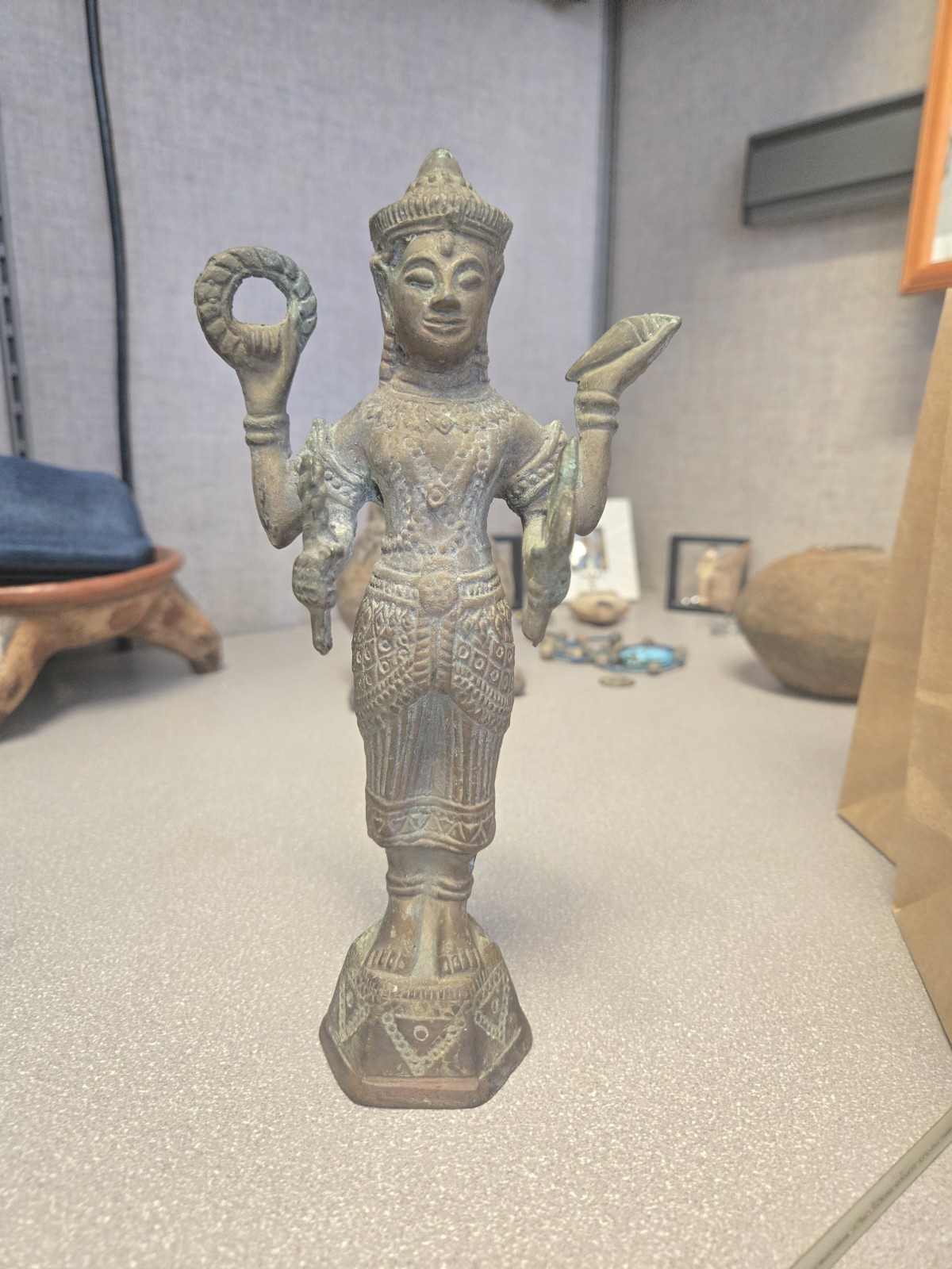 Antique Ancient Khmer Southeast Asian Bronze Lost Wax Statue of Lord Vishnu Antique Ancient Khmer Southeast Asian Bronze Lost Wax Statue of Lord Vishnu