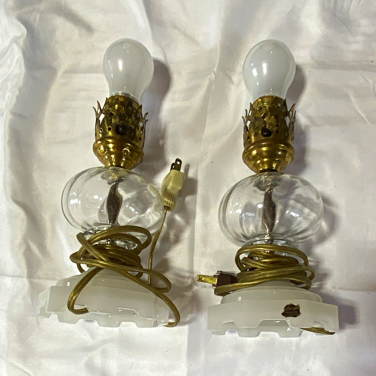 Antique Jefferson Glass Co. Pair Table Lamps, Clear Glass, White Base