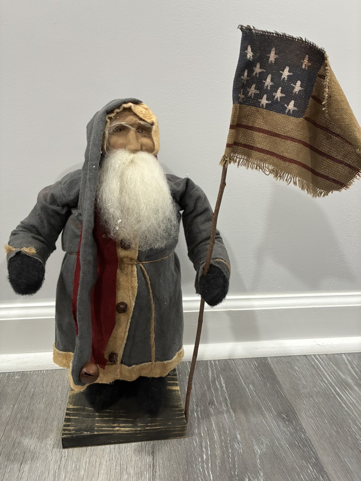 Vtg Arnett’s Santa Claus Christmas American Flag Bell Primitive Rustic 15” USA 