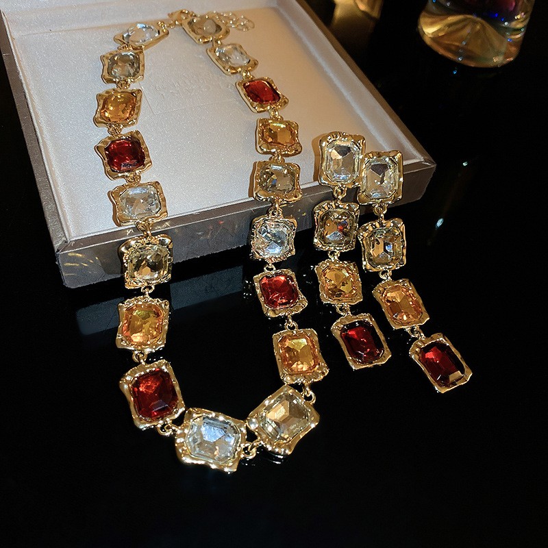 Gold Plated Alloy Necklace Multi Color Simulated Gemstone  Collar Earring Set